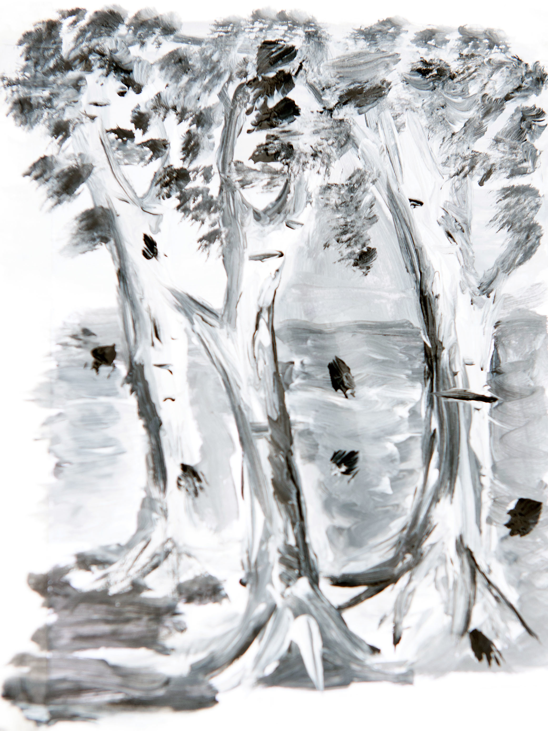 A black and white painting of three trees.
