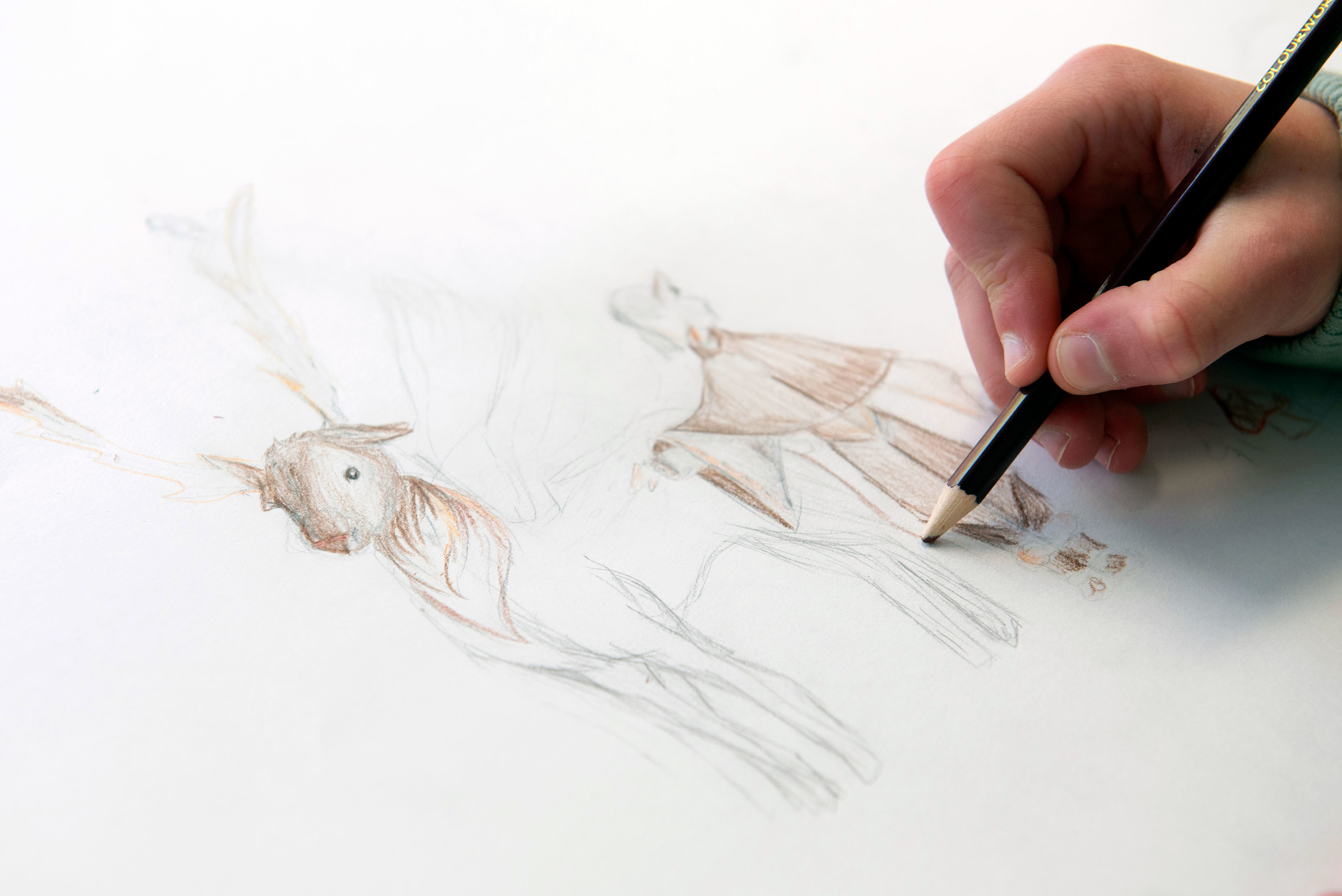 Someone drawing a girl in a cloak walking with a reindeer.