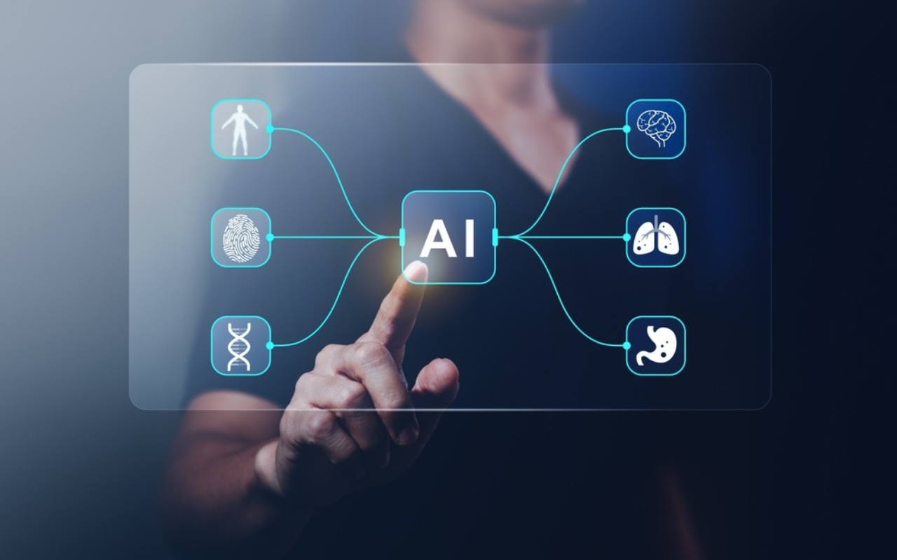 A doctor with an AI touchscreen interface representing the future of AI for doctors
