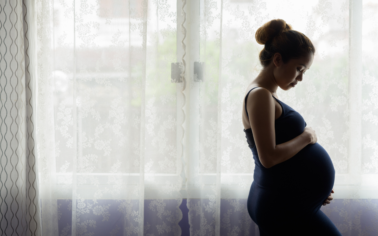 Pregnant woman stands beside window holding her belly