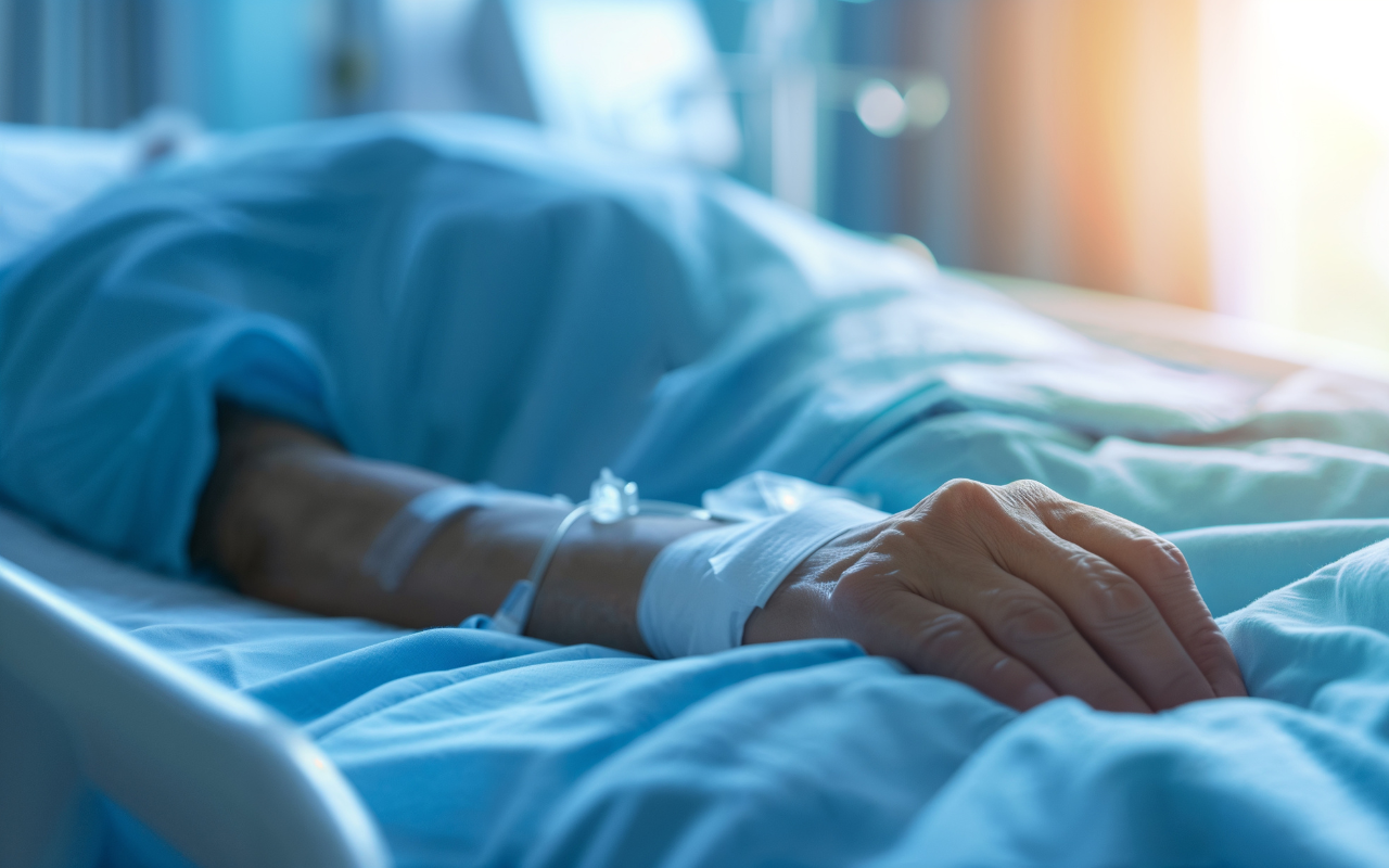 close up of an elderly person's hand in a hospital bed