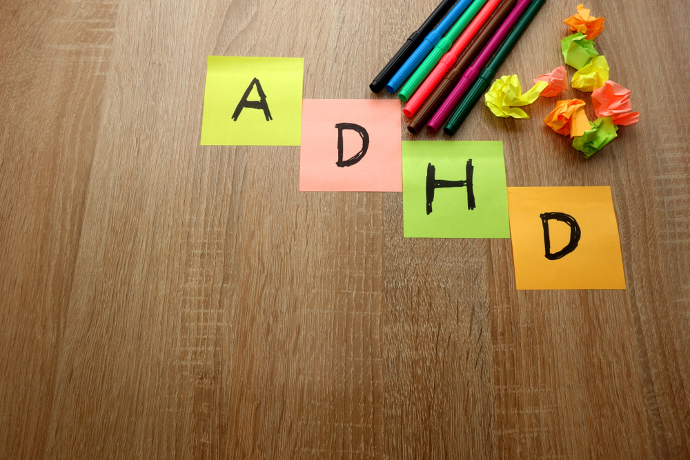 A desk with post-it notes spelling out ADHD