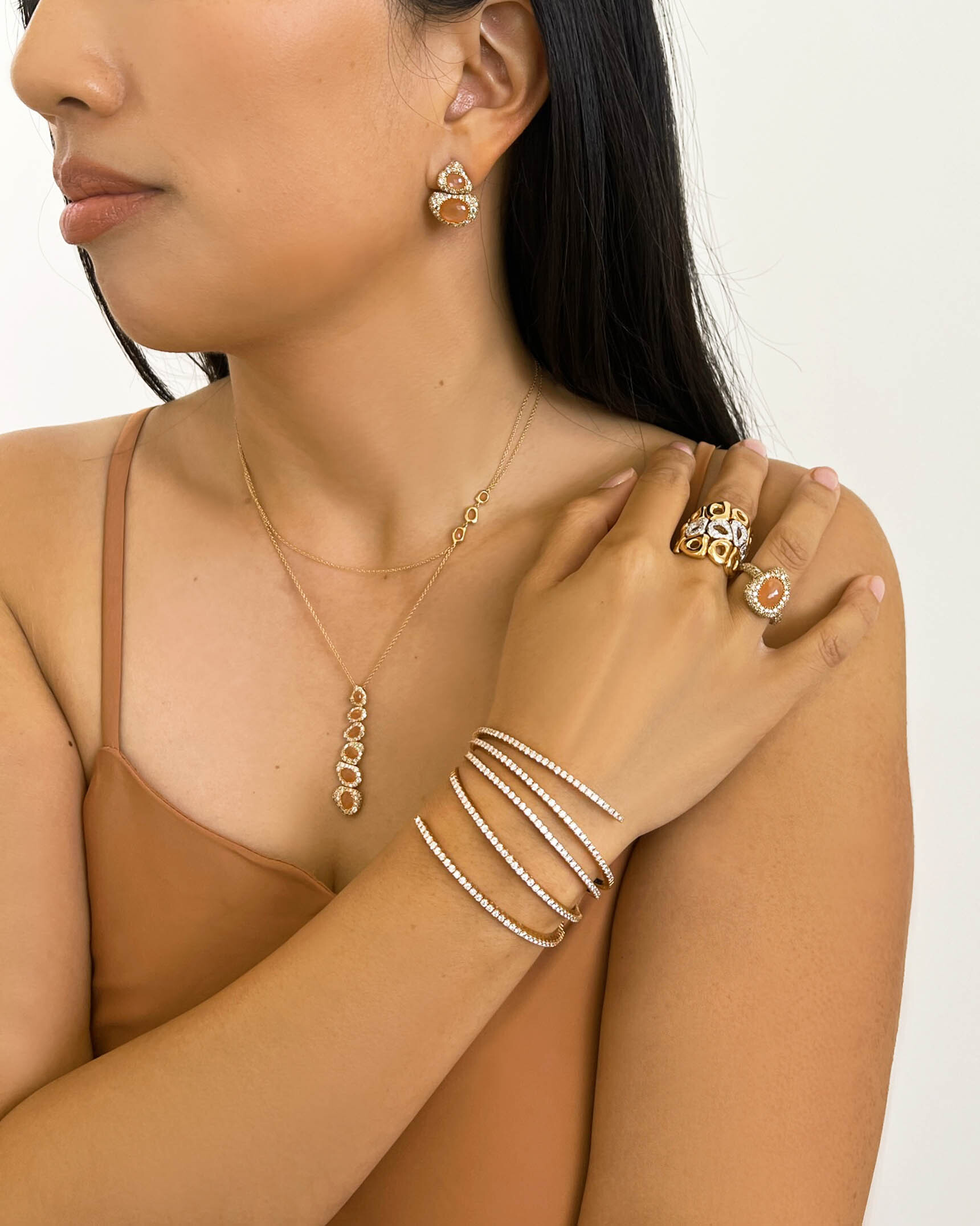 Peach Moonstone and Diamond Rose Earrings_Necklace_Bracelet and Rings ECDTK01857 - NCUTK00596 - BDOTK04783 - BDOTK04836 - BDOTK04827 - RFDG03285 - RFDM01241