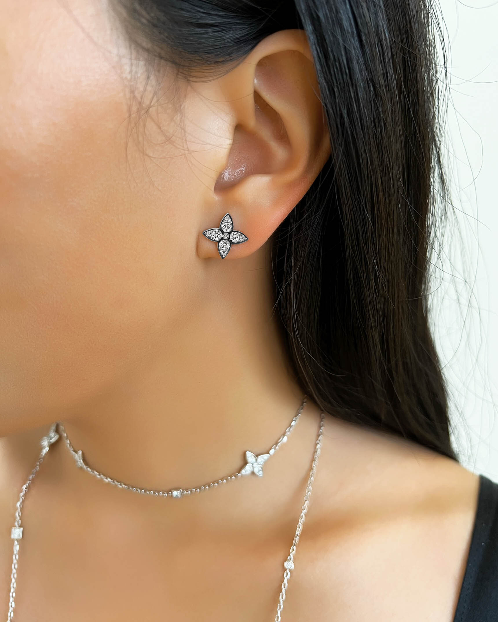 White Gold and Diamond 4 Petal Flower Stud Earrings EDFTK04480 - EDF5K06843 - XX