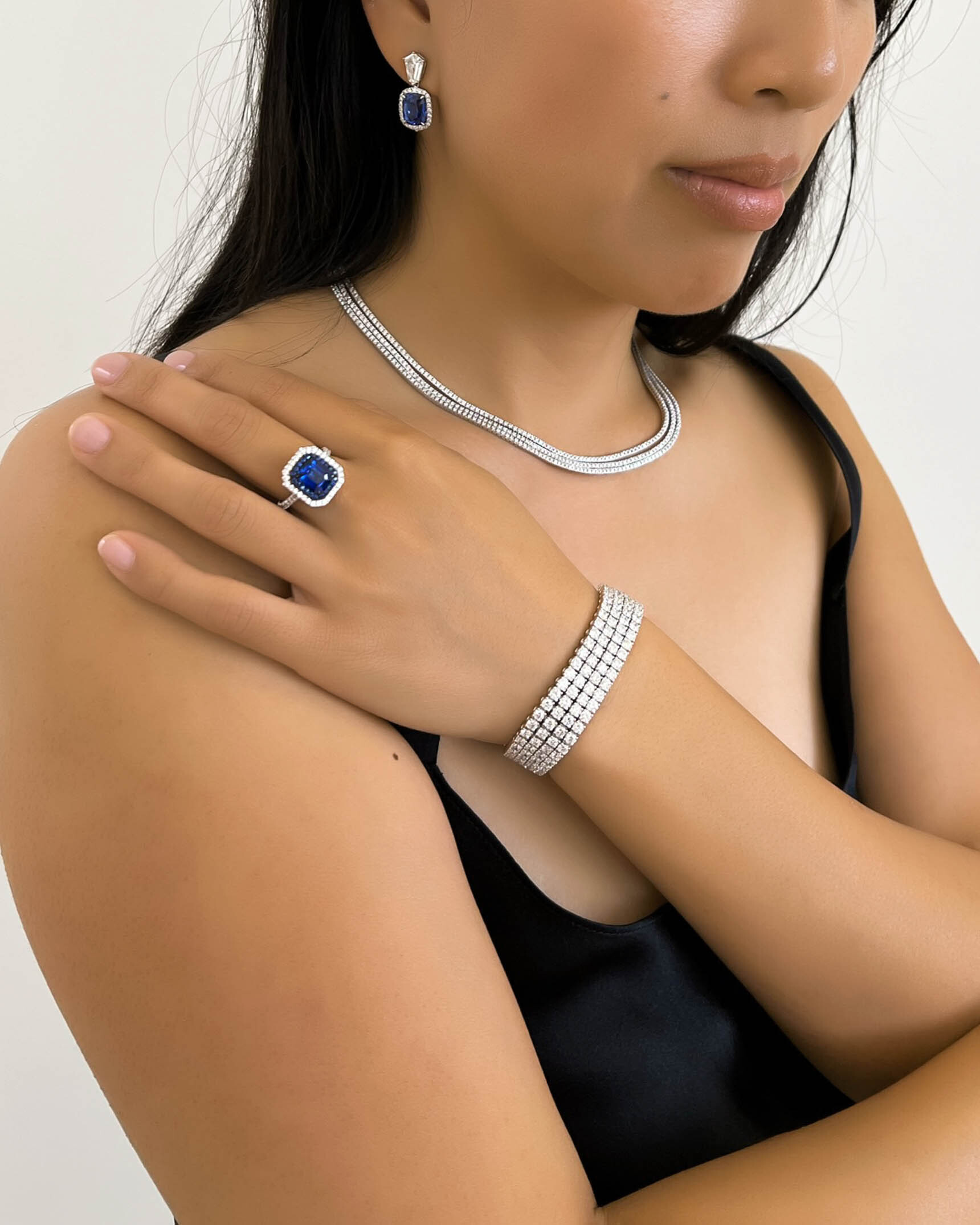 Blue Sapphire and Diamond Earrings_Ring_Necklace and Bracelet ECDKK02482 - RCDSA03007 - NDOTK03347 - BDOTK04373