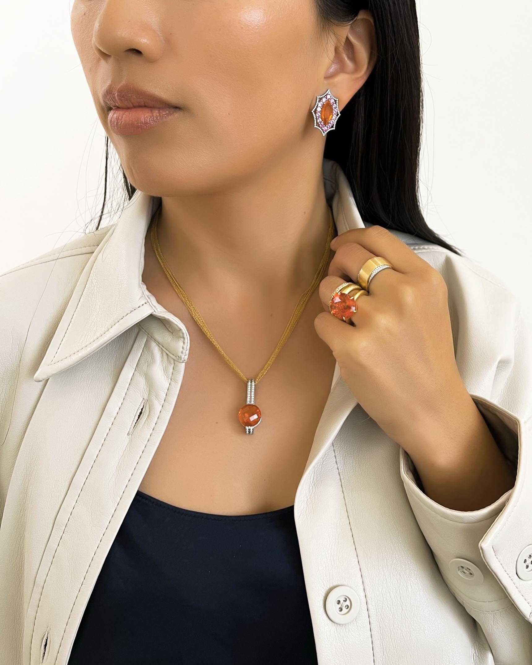 Orange Gemstone_Diamond and Yellow Gold Earrings_Rings and Necklace ECDKK02525 - RWEDD04587 - RADRG00036 - RWEDY00778 - RCMS02696 - PNMTG01697