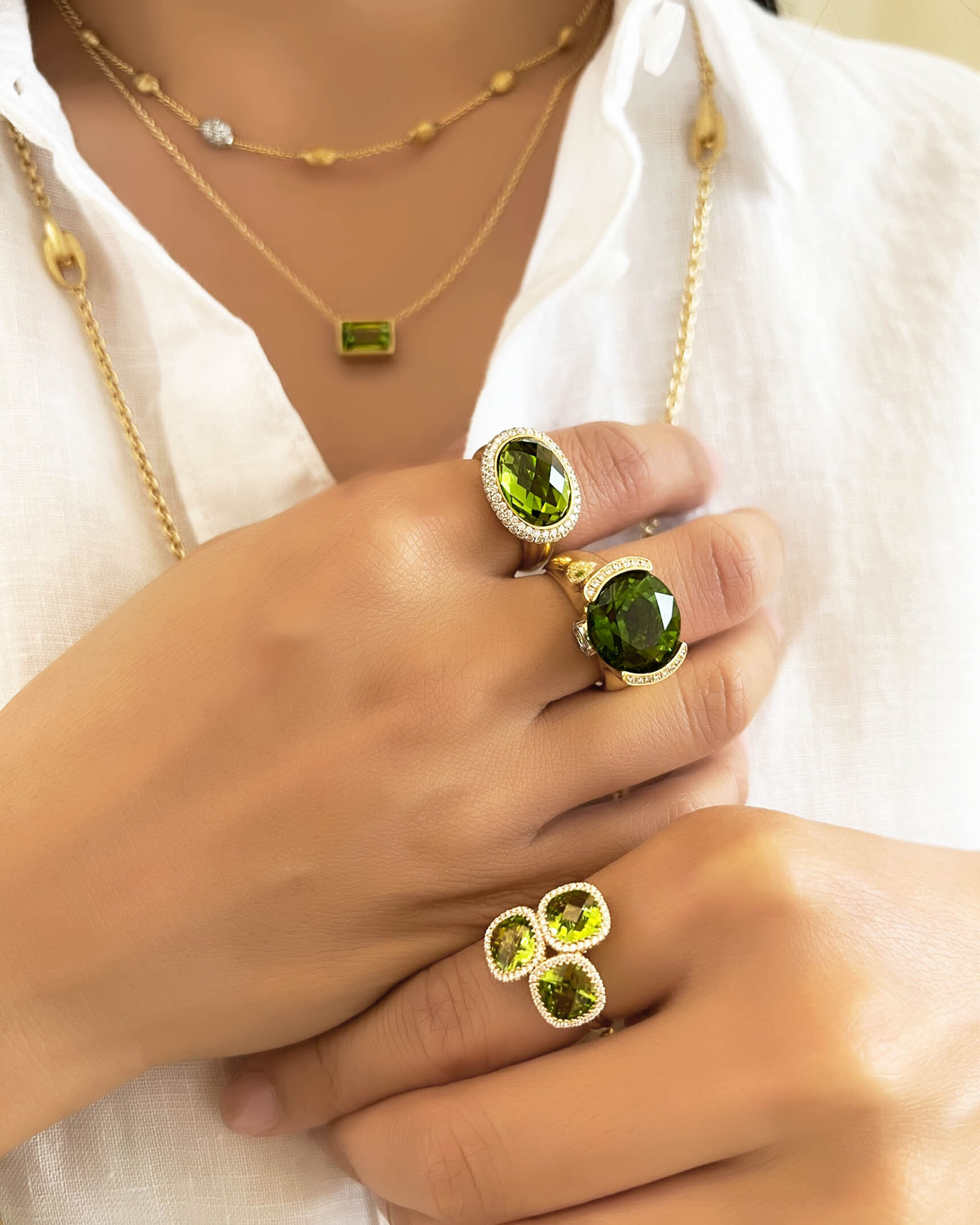 Peridot Rings and Pendant and Yellow Gold Necklaces RCDMS02856 - RCDMS02286 - RFMM00232 - PNCMS01303 - NDU5K02507 - NECKG03481 XX