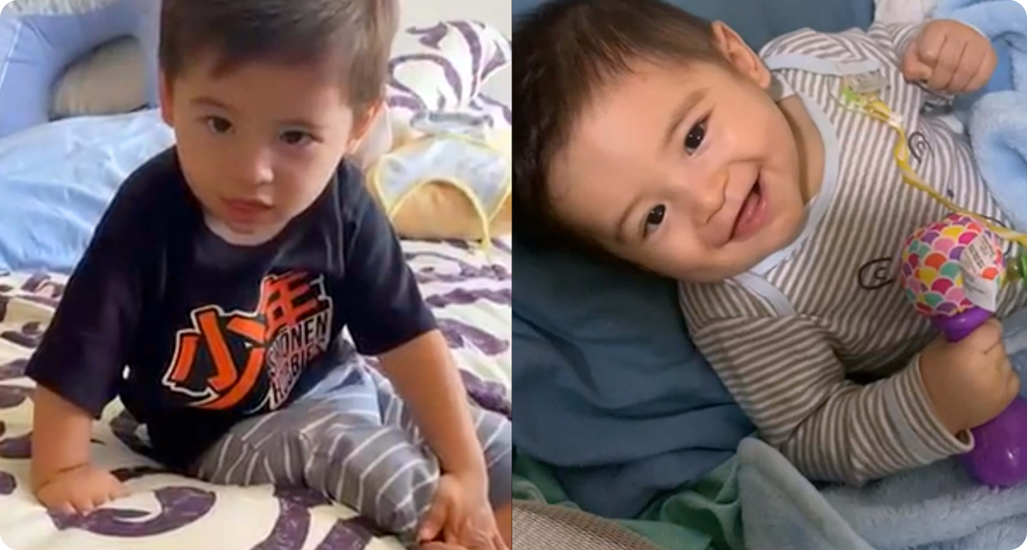 Two photos side by side of a toddler sitting up on a bed and the same toddler smiling.