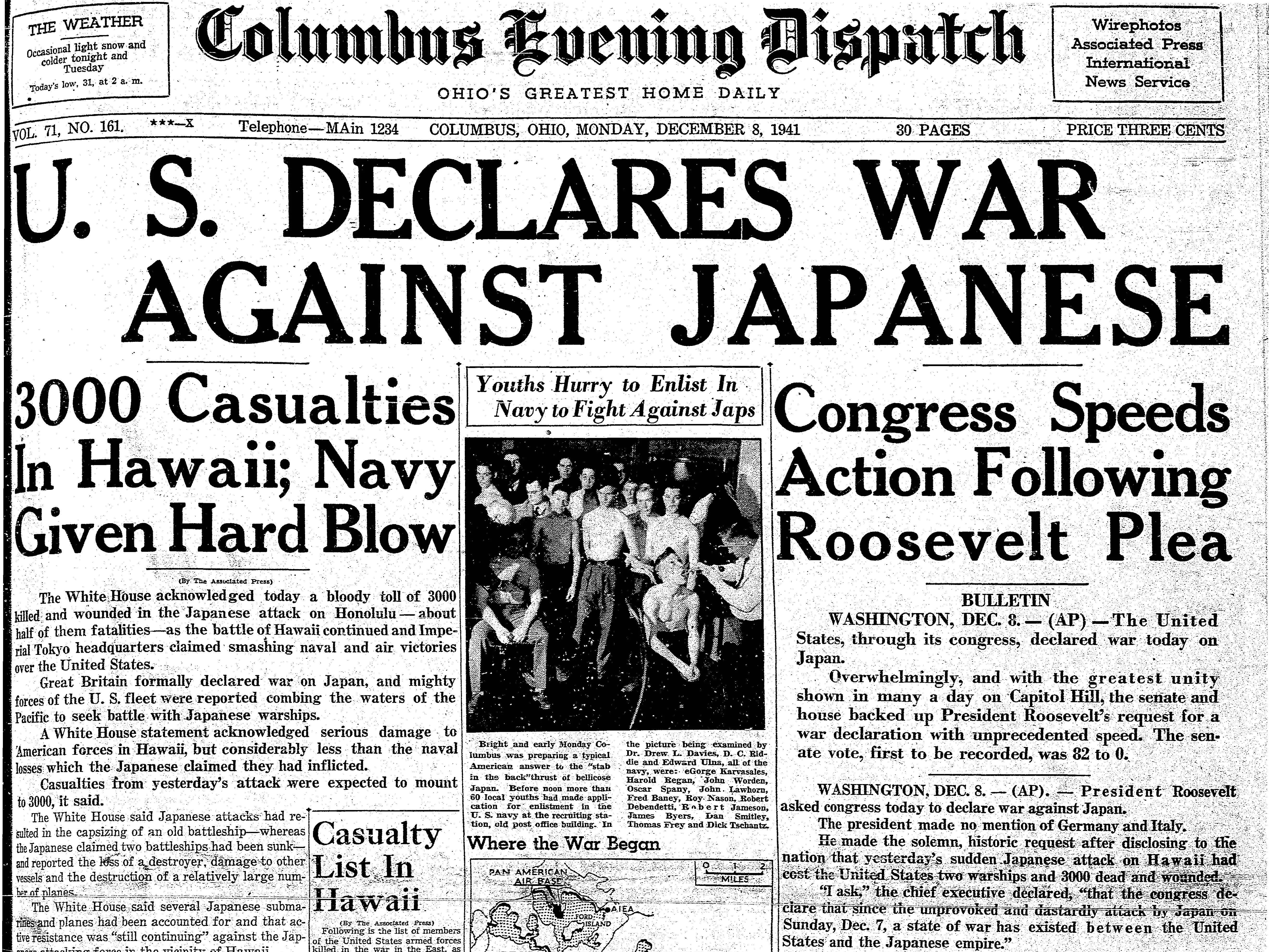The Columbus Evening Dispatch from 8 December 1941, announcing war with Japan. From the Columbus Dispatch.