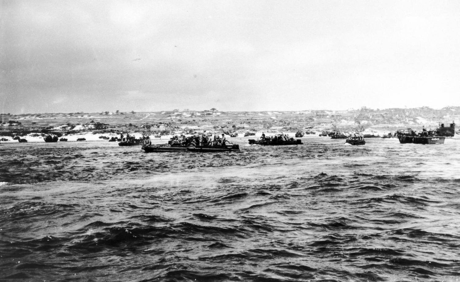 The sixth wave of Marines move into Green Beach 2 on Okinawa. From the Norm Hatch collection of the National Museum of the Pacific War.