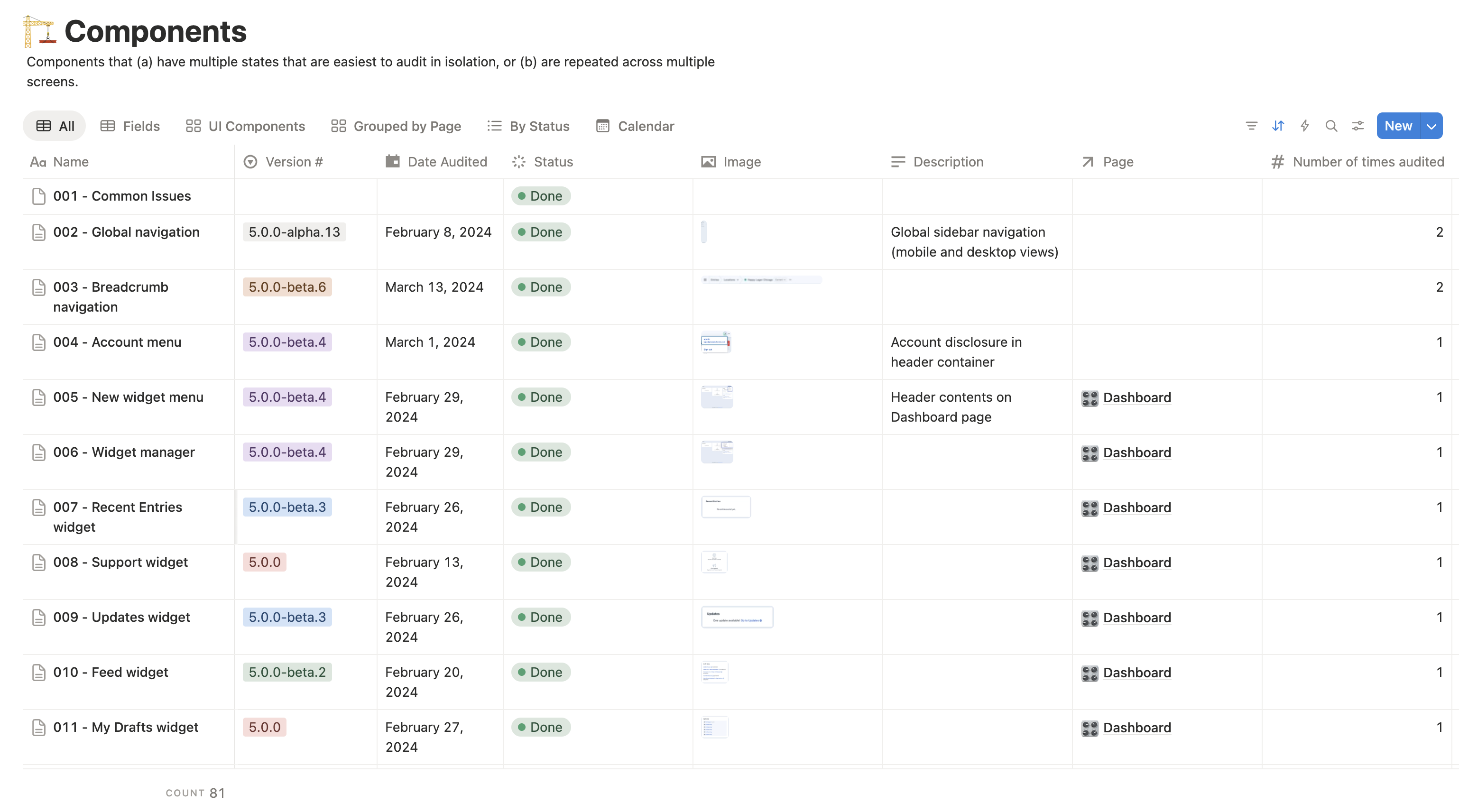 A Notion database tracking every component identified in Craft CMS, what version/date it was audited, the audit status, a screenshot, etc.
