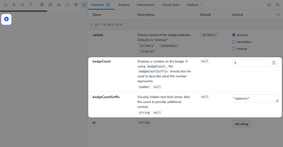 A numbered badge indicator with badgeCount and badgeCountSuffix attributes documented.