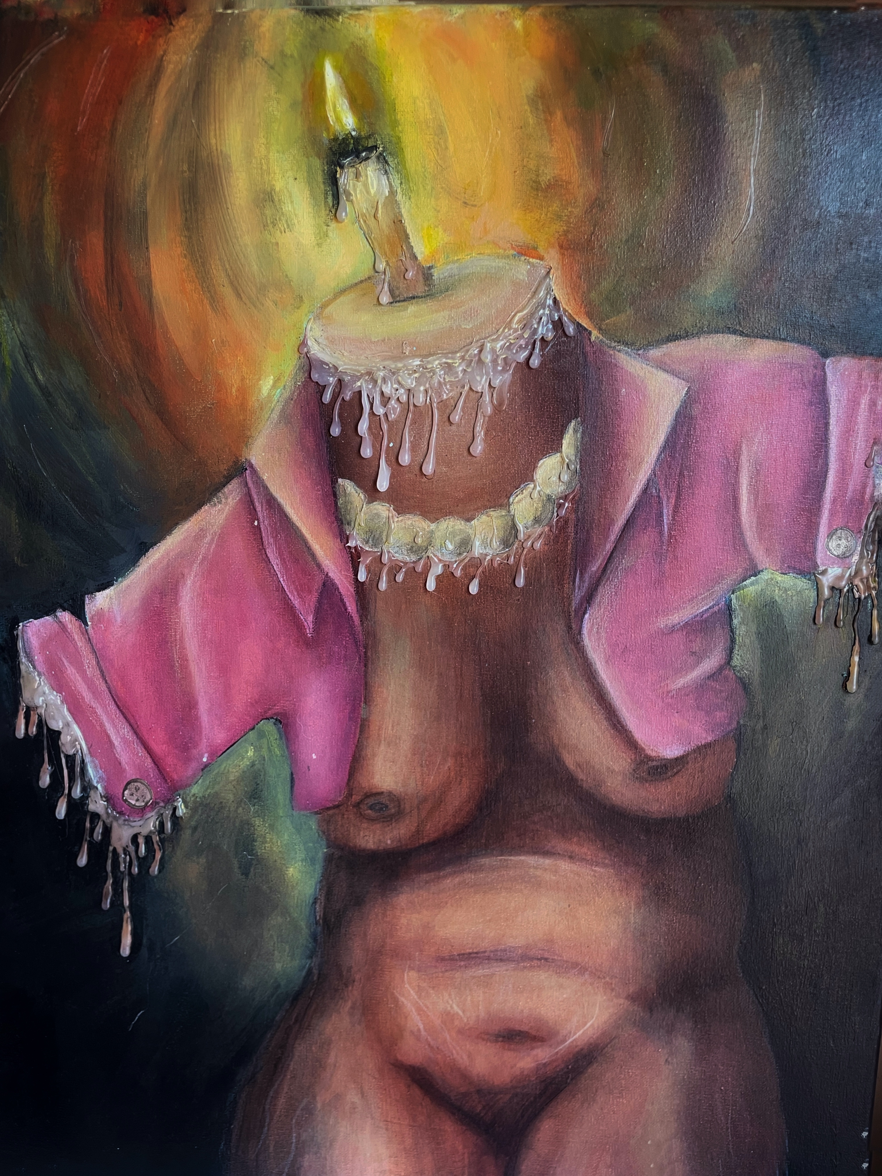 Im on fire 18 x 24 acrylic paint colored pencil hot glue on canvas 