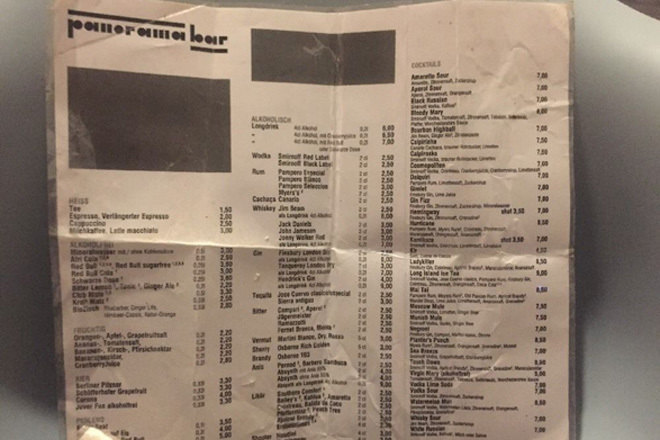A Panoramabar drinks menu is up for sale on eBay