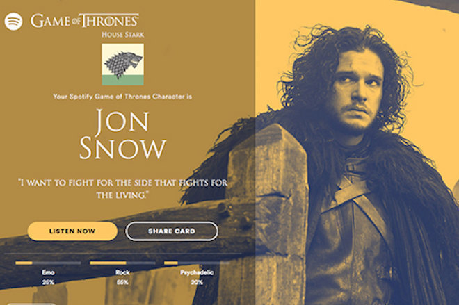 Spotify tells you which Game of Thrones character digs your music