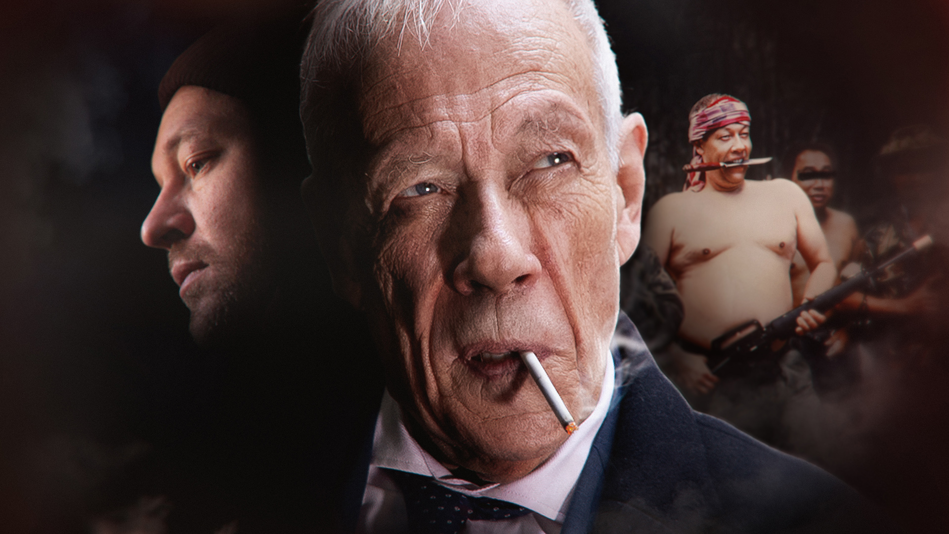 Photo: Portrait of and older man whit a cigarette in his mouth. Two younger man in the bakground