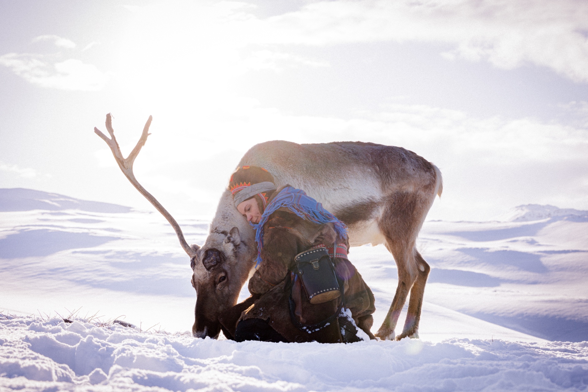 foto. en kvinne med vinterpels og samisk sjal lener seg mot et reinsdyr i snøen