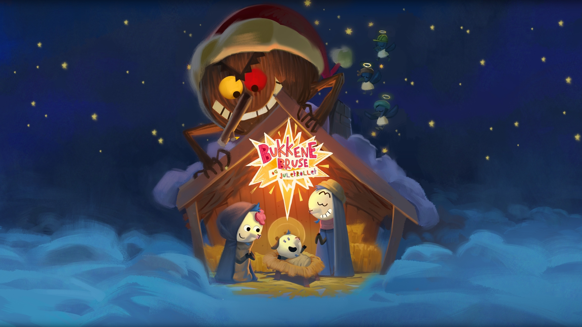 Illustrasjon. Et trollhode vises over taket på en julekrybbe hvor vi ser animerte figurer av mor, far og barn. Over dem er en stjerne med teksten bukkene bruse og juletrollet.