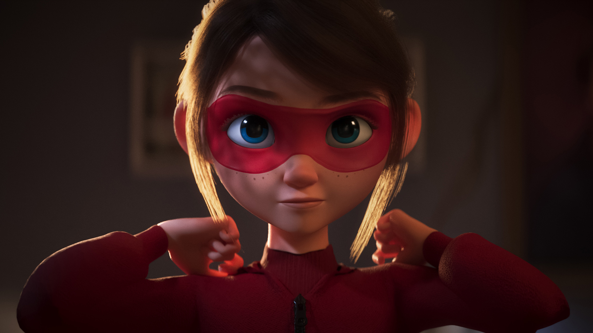 Illustrasjon: Animasjon av et portrett av en ung jente med superheltmaske