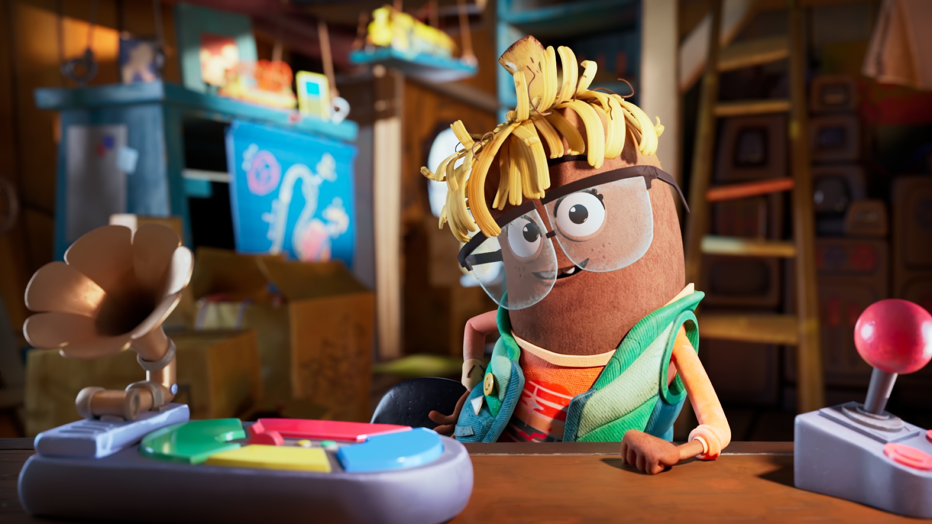 illustrasjon. 3d grafikk av en avlang figur med briller og bananer til hår som sitter ved et bord med gamingutstyr