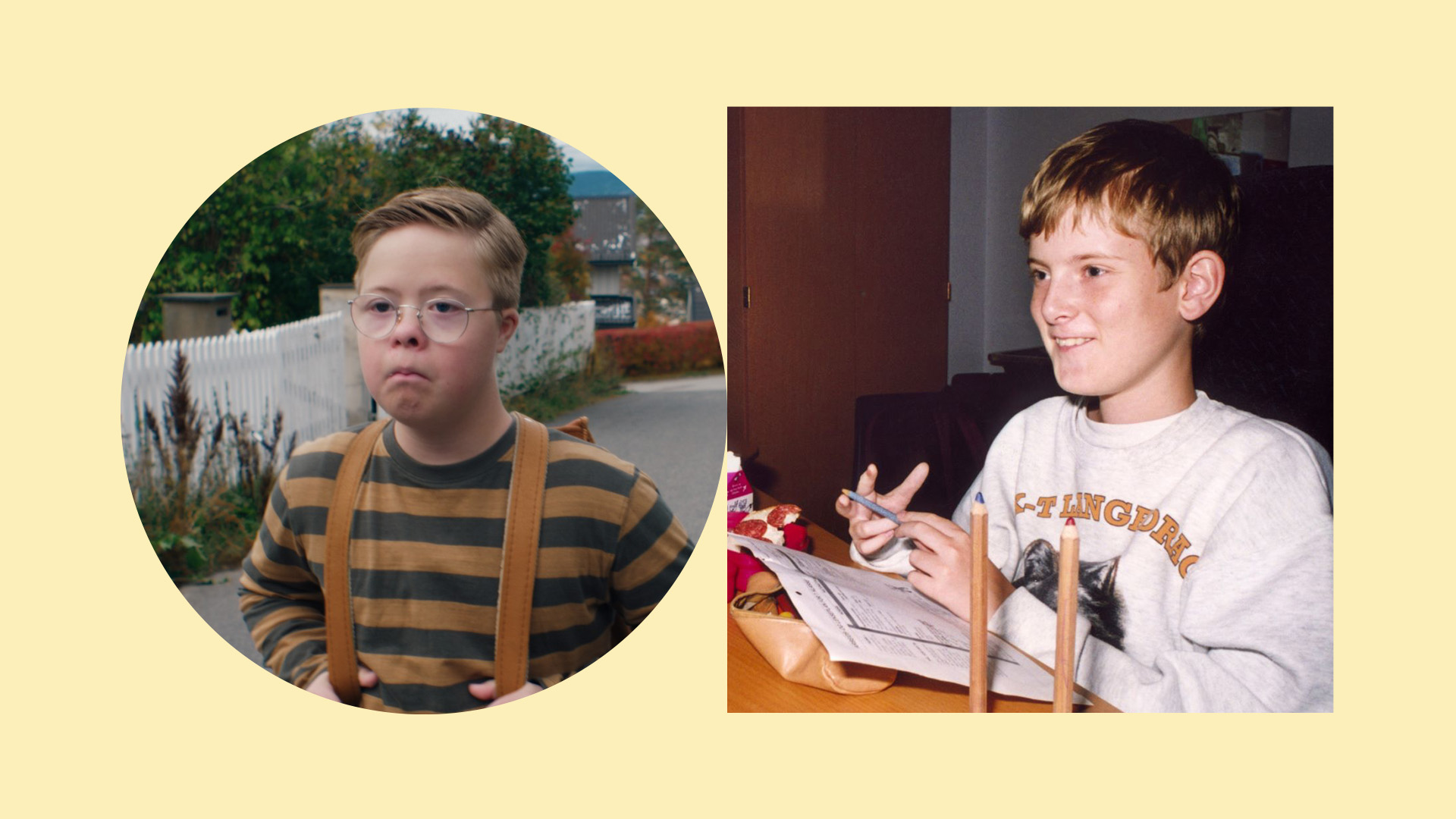 Foto: Ung gutt med briller og bukseseler, annen ung gutt med bok foran pc