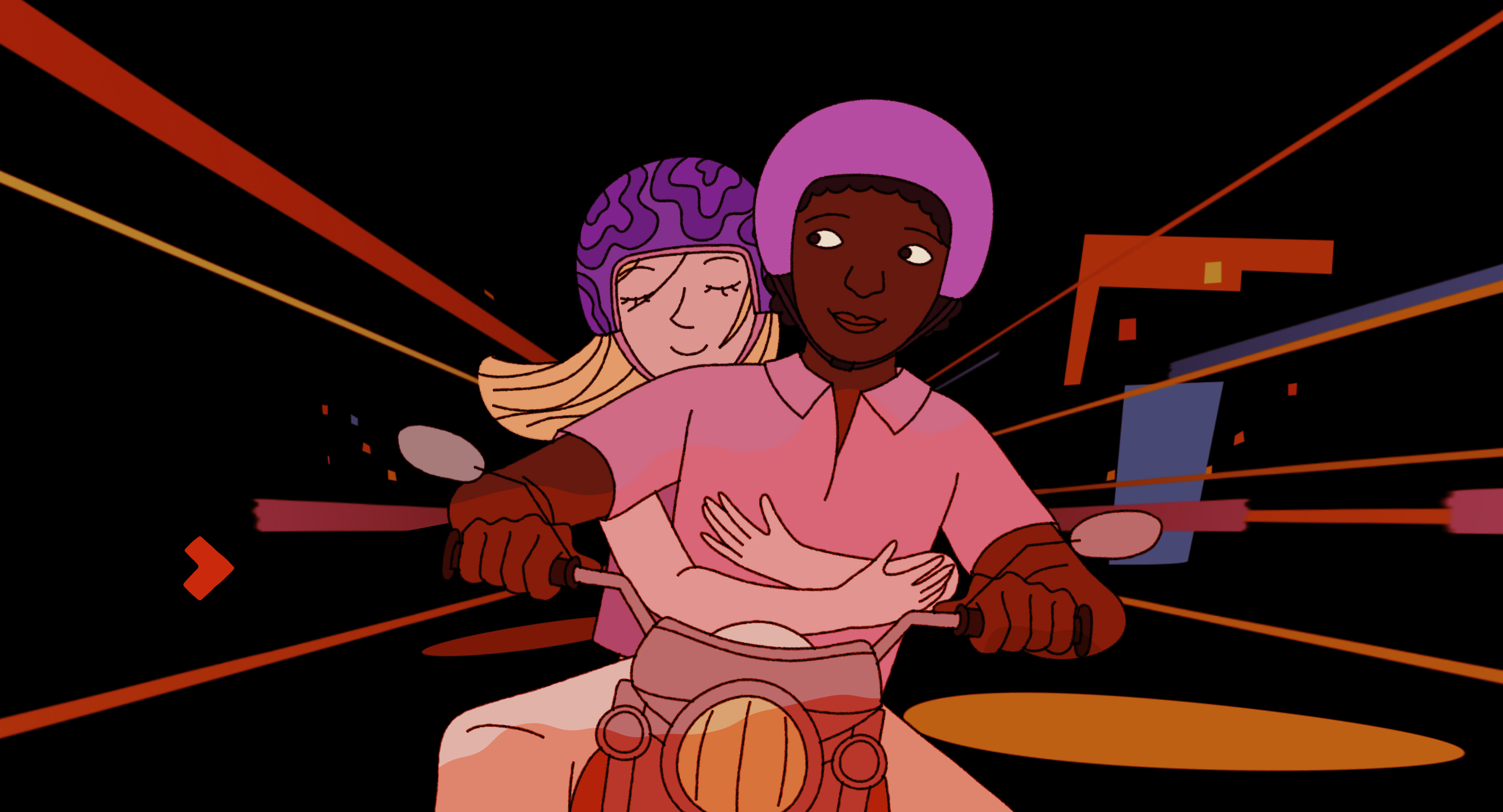 Illustration. Girl sitting on the back of moped with boy driving