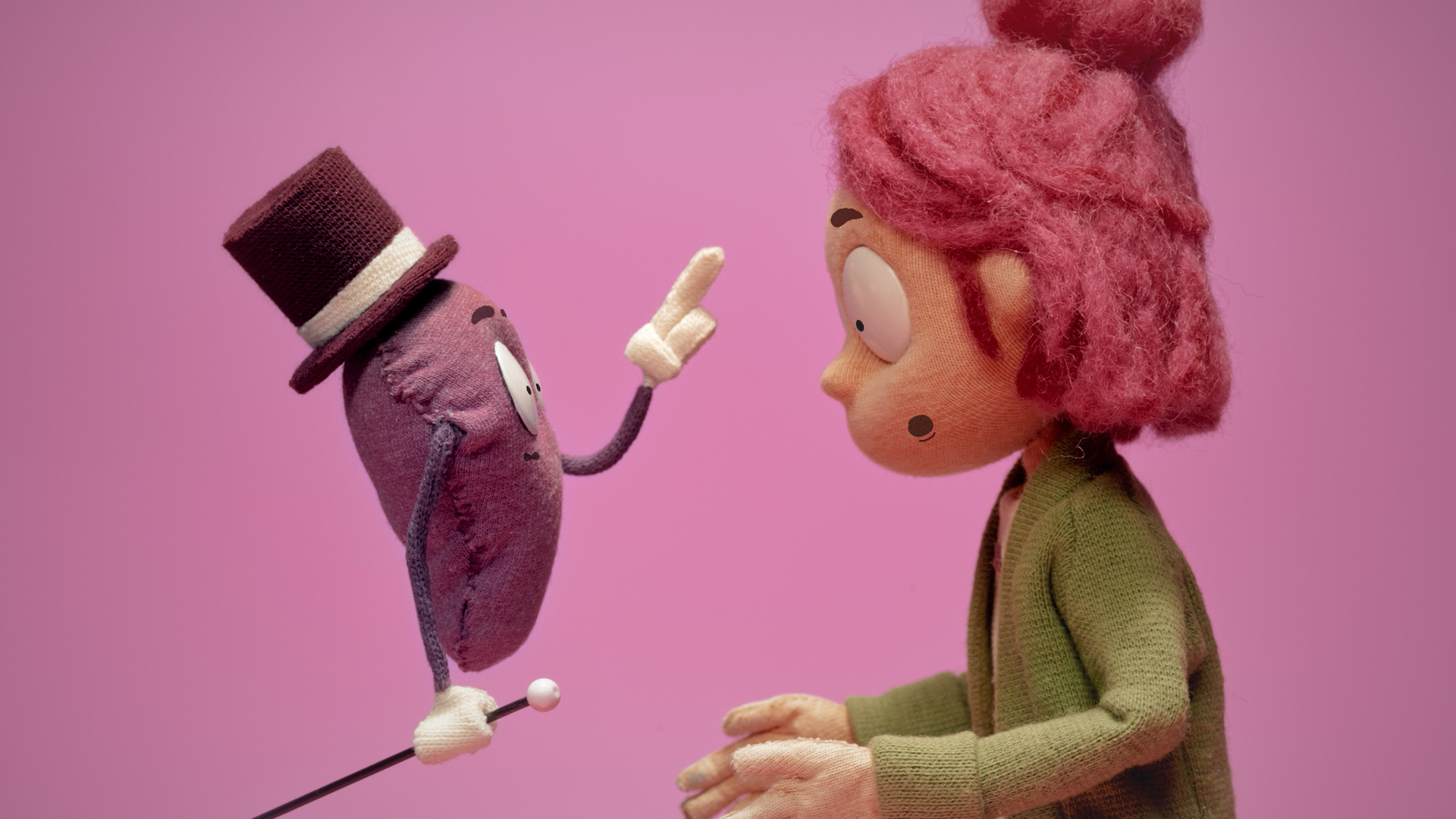 Illustrasjon. to animertre figurer snakker til hverandre. Rosa bakgrunn.