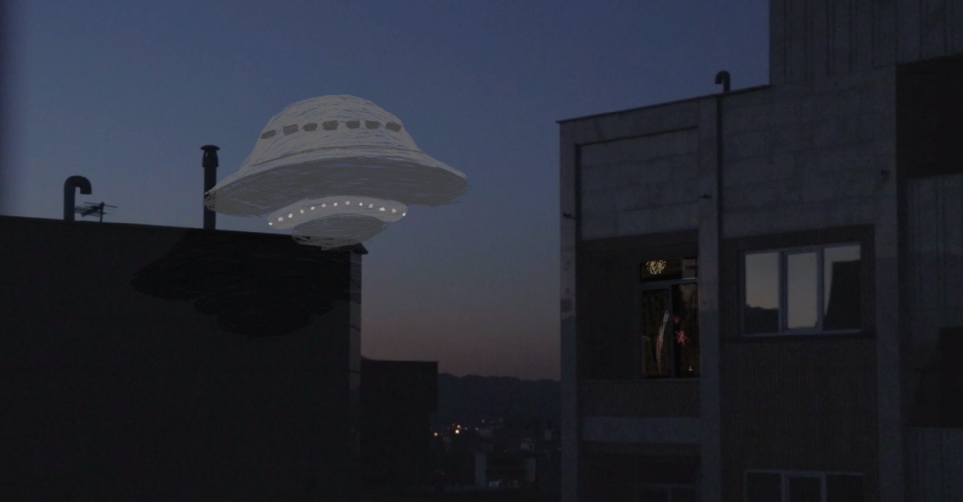 tegnet ufo svever over mørkt bylandskap