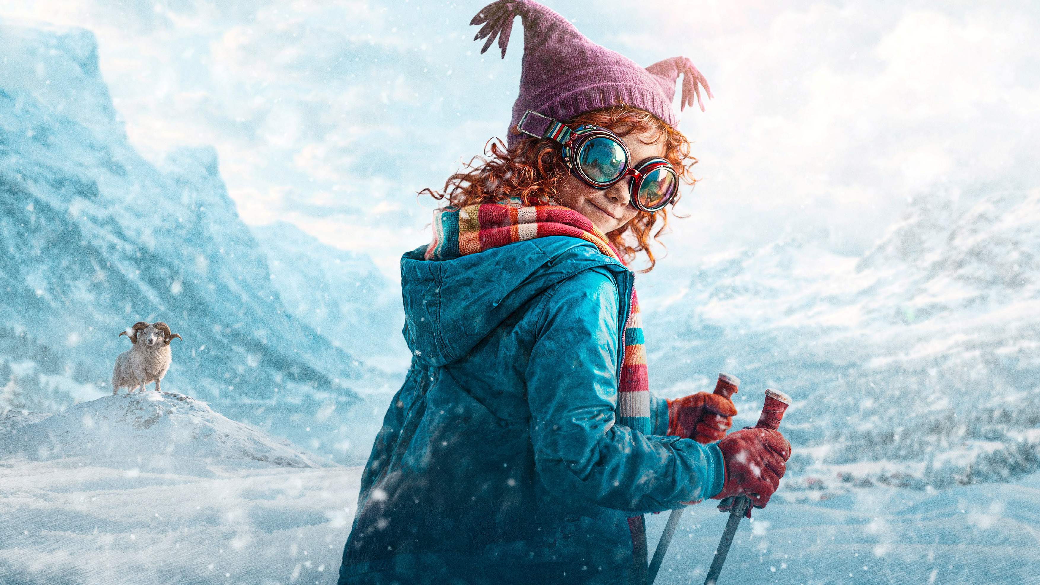 illustrasjon. bilde av rødhåret jente med skibriller og skistaver i fjellandskap