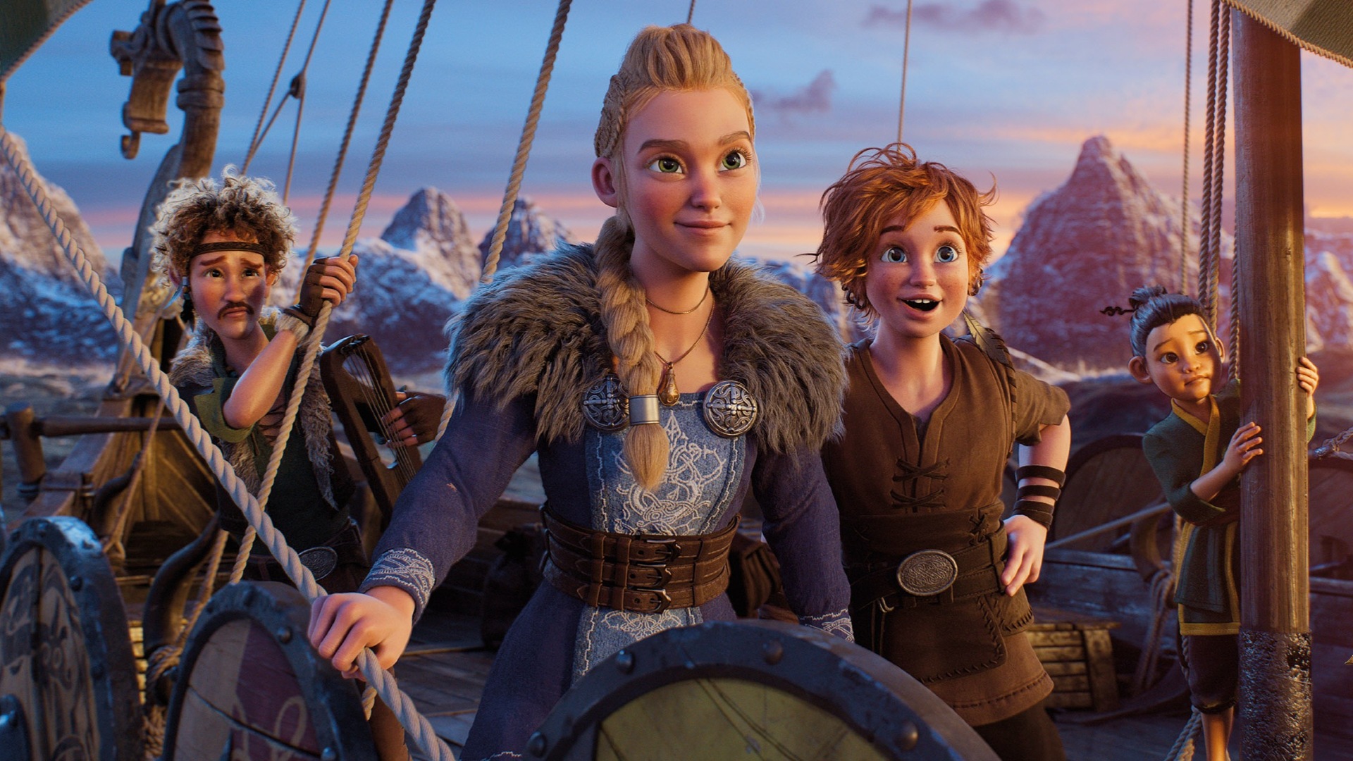 illustrasjon. still fra dataainmert film med tre kvinneskikkelser i vikingutstyr på et skip