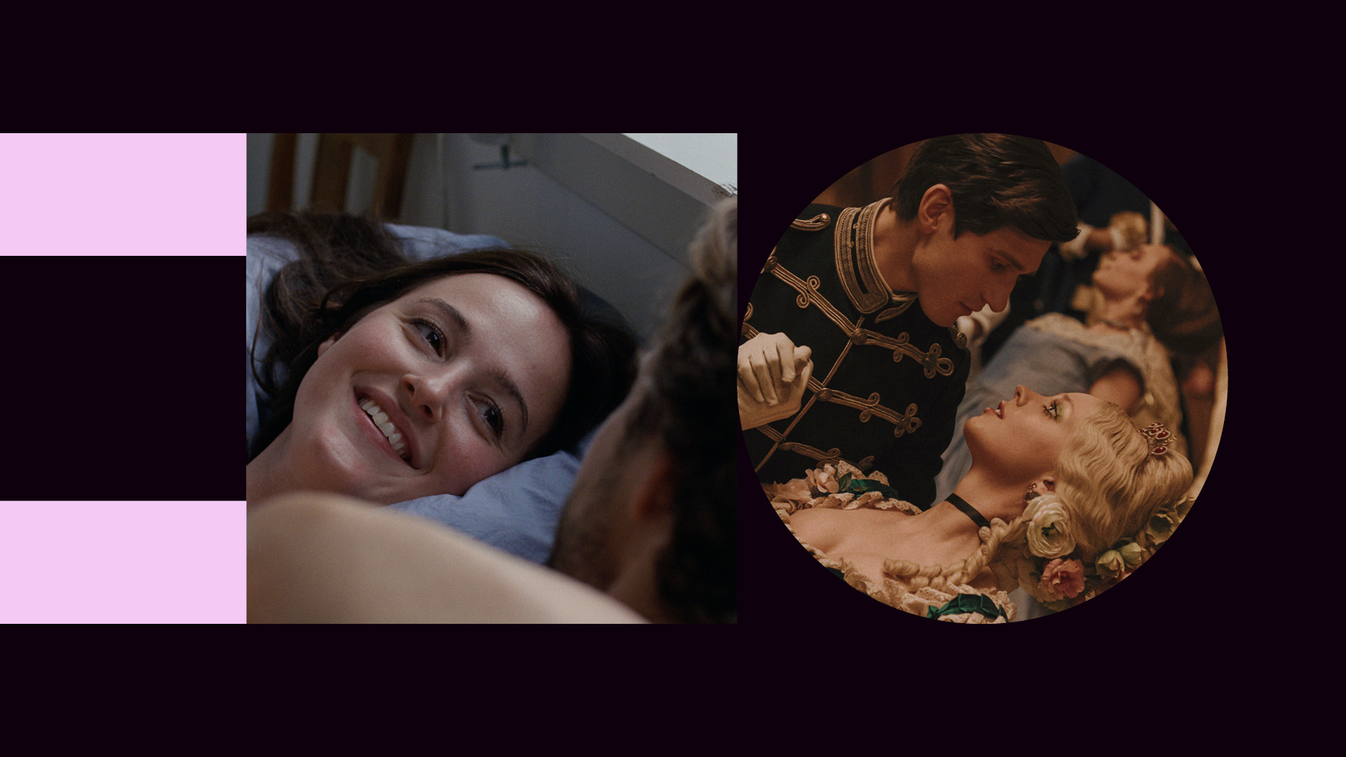 Photo. Composite of two images: one shows a woman lying in a bed, looking at a man; the other shows a man dancing with a woman.