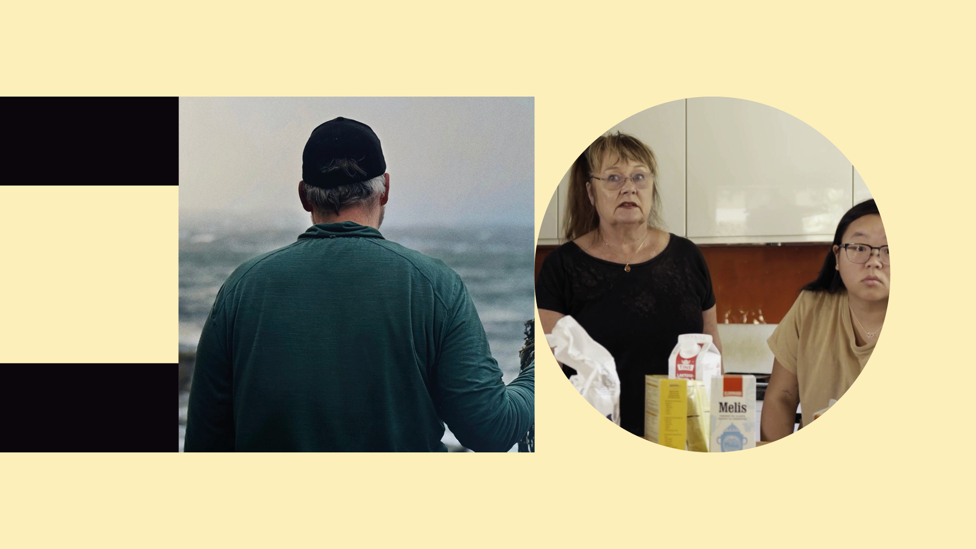 foto. kompositt av to stillbilder på norsk filminstitutts grafiske profil, en  mann med ryggen til ut mot havet, og to kvinner på kjøkkenet