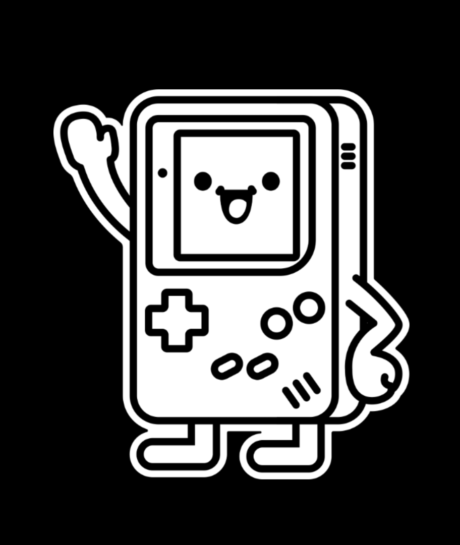 Illustrasjon. En tegnet figur formet som en Gameboy som smiler og vinker.