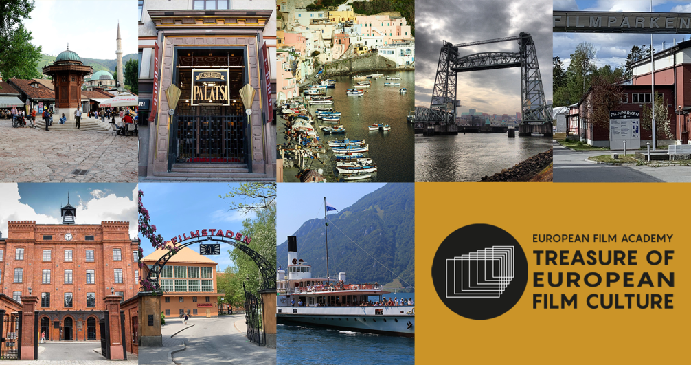 bildecollage med forskjellige lokasjoner og en logo nede i høyre hjørne hvor det står european film academy treasure of european film culture