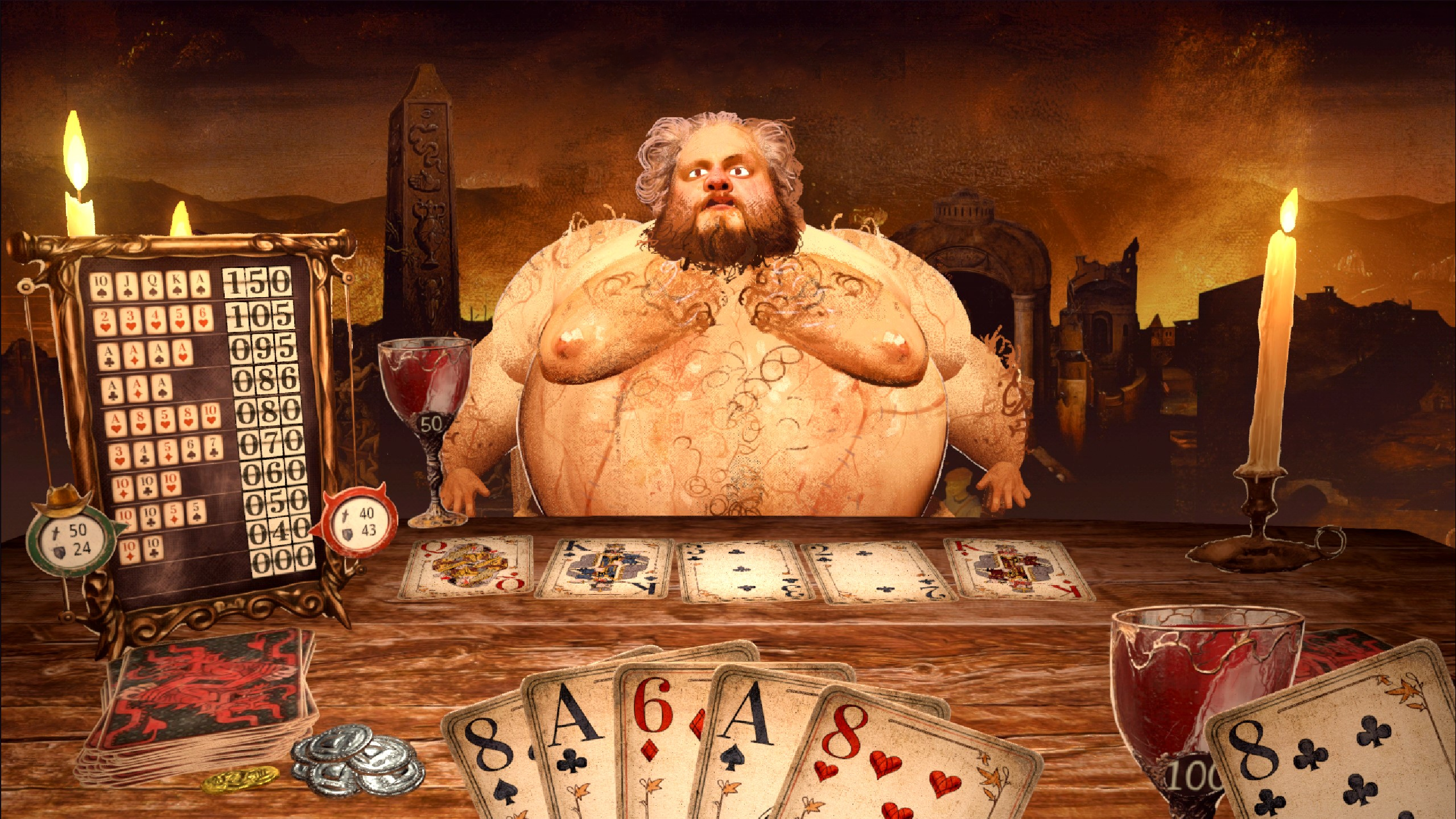 illustrasjon. en pokerhånd i forgrunnen av et kortspillbord med en tjukk mann i bar overkropp på andre siden