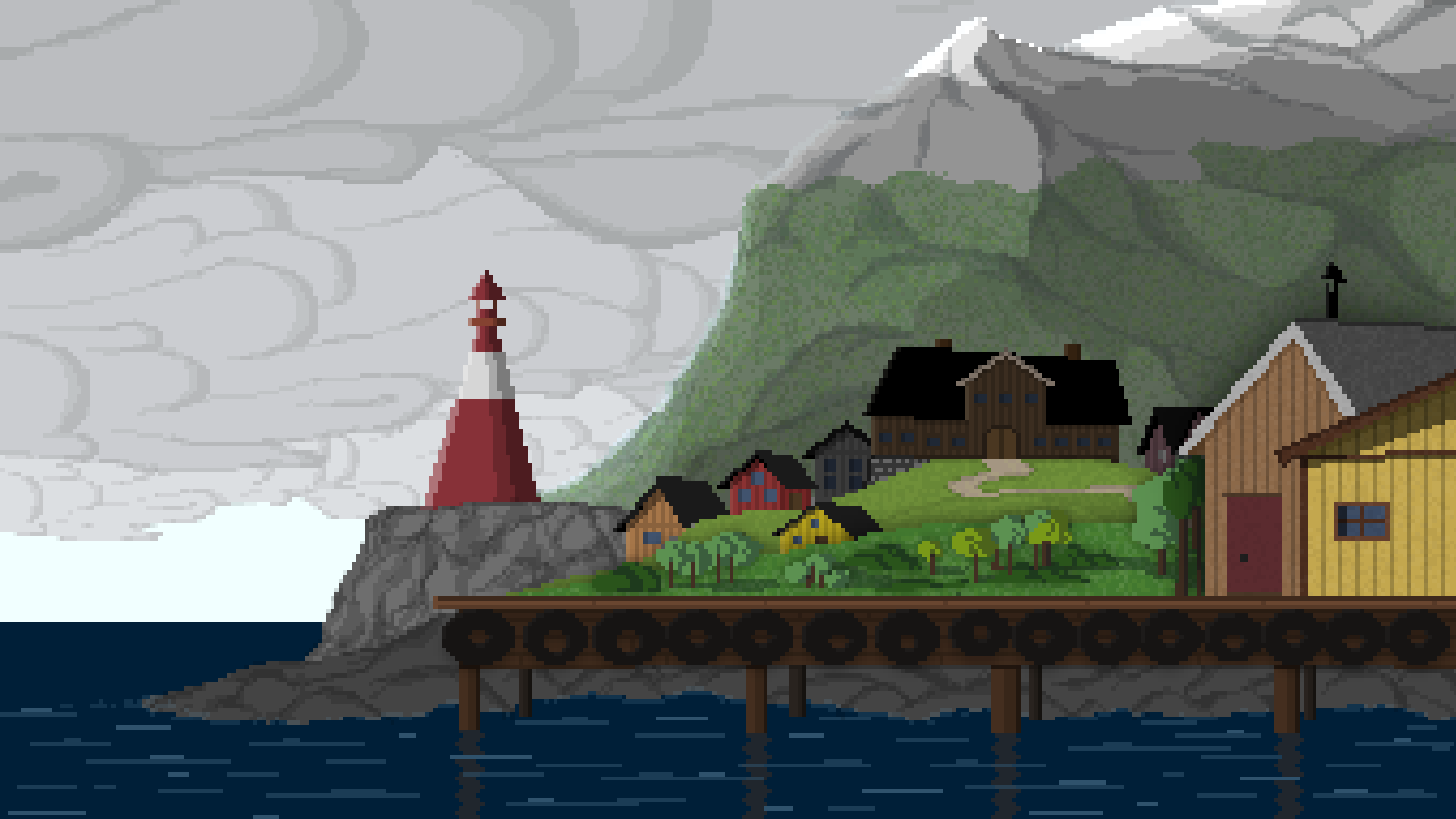 illustrasjon. datagrafikk i retrostil av kystlandskap med et fyrtårn og fjell i bakgrunnen og båthus med brygge i forgrunnen
