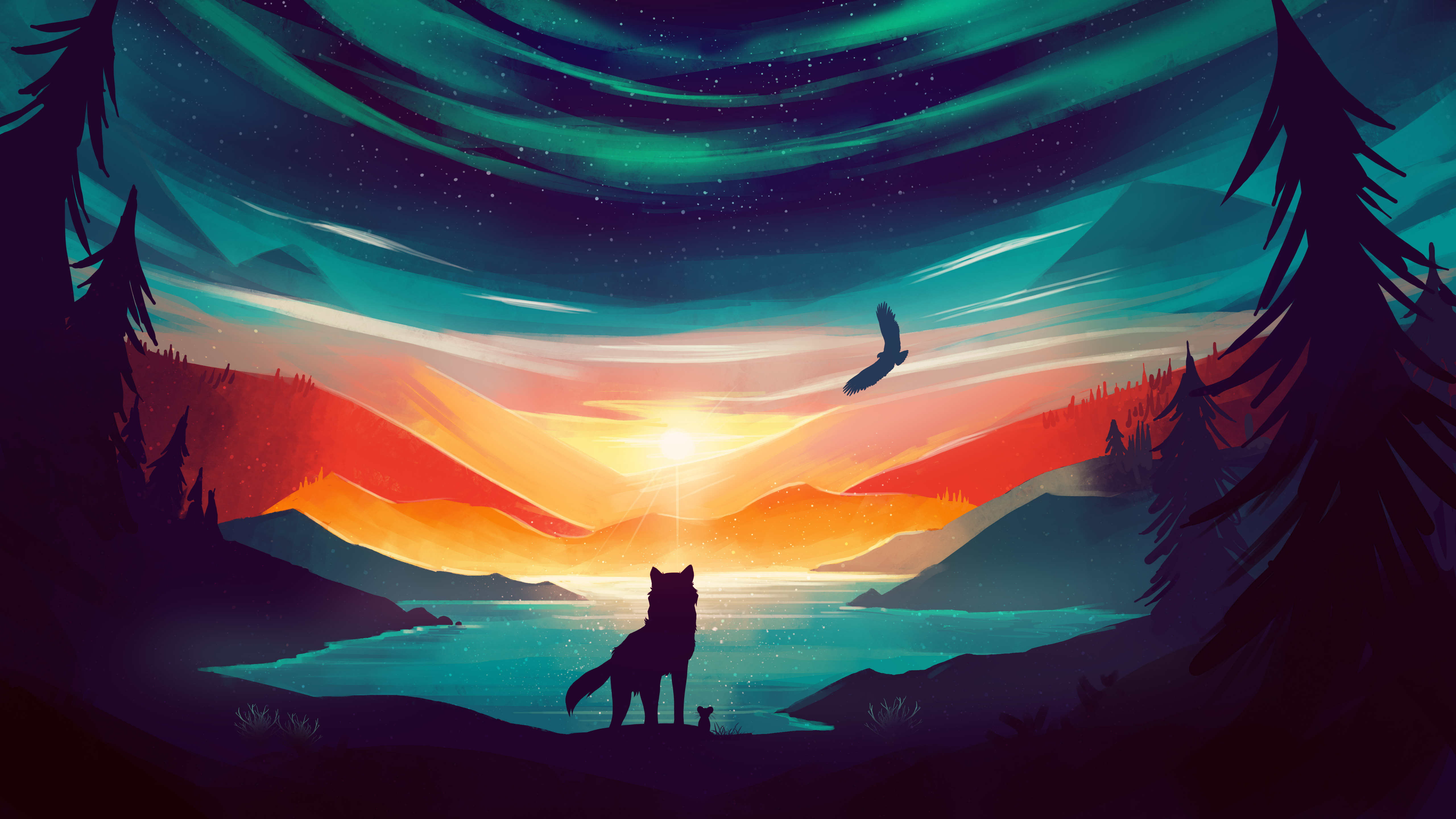 illustrasjon. ulv i silhuett ser ut over landskap i solnedgang med storfugl i bakgrunnen