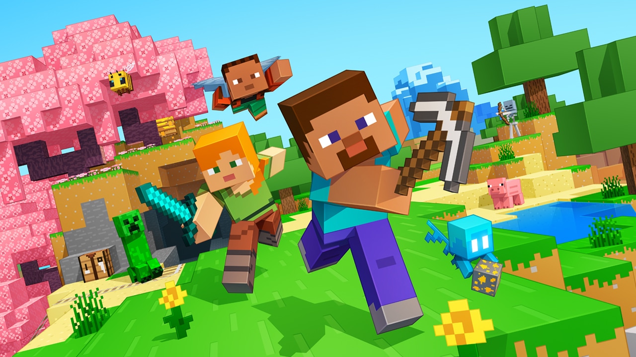 Konseptkunst fra Minecraft. To figurer fra Minecraft løper mot kameraet i en verden bestående av fargerike blokker.