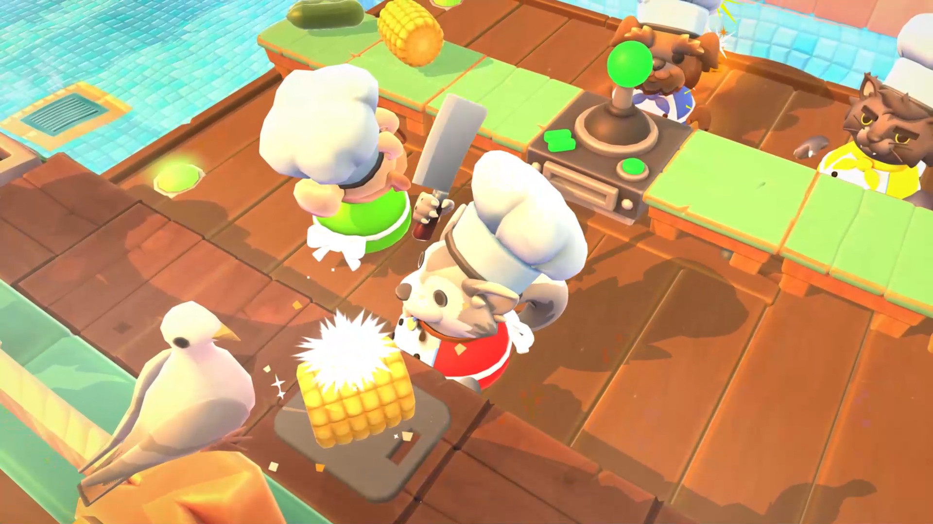Skjermbilde av Overcooked 2. Fire søte dyr i kokkeluer jobber sammen i et kjøkken om å lage mat.