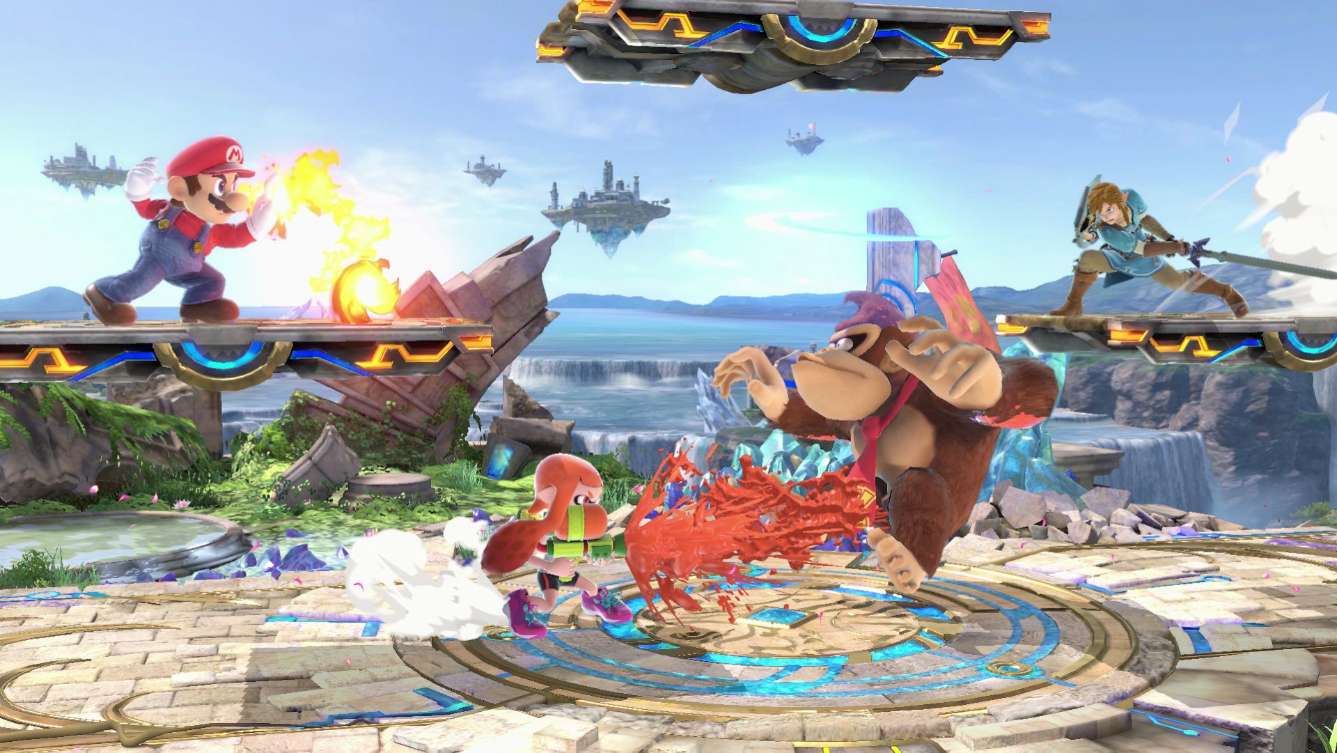 Skjermbilde fra Super Smash Bros. Ultimate. Fire figurer fra Nintendo-serier – Mario, Inkling, Donkey Kong og Link – kjemper mot hverandre på en plattform.