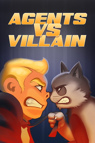 Illustrasjon. Plakat med teksten Agents vs Villain skrevet øverst i bildet. En katt og en mann står ansikt til ansikt med sinte miner mot hverandre.
