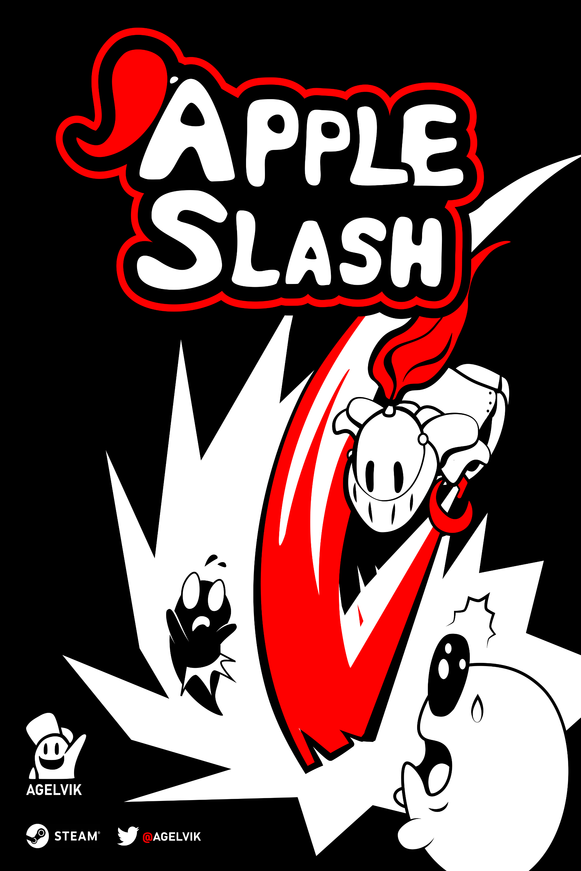 Illustrasjon. Plakat med teksten Apple Slash øverst i bildet. Bakgrunn i sort, men hvite figurer og innslag av rød farge.