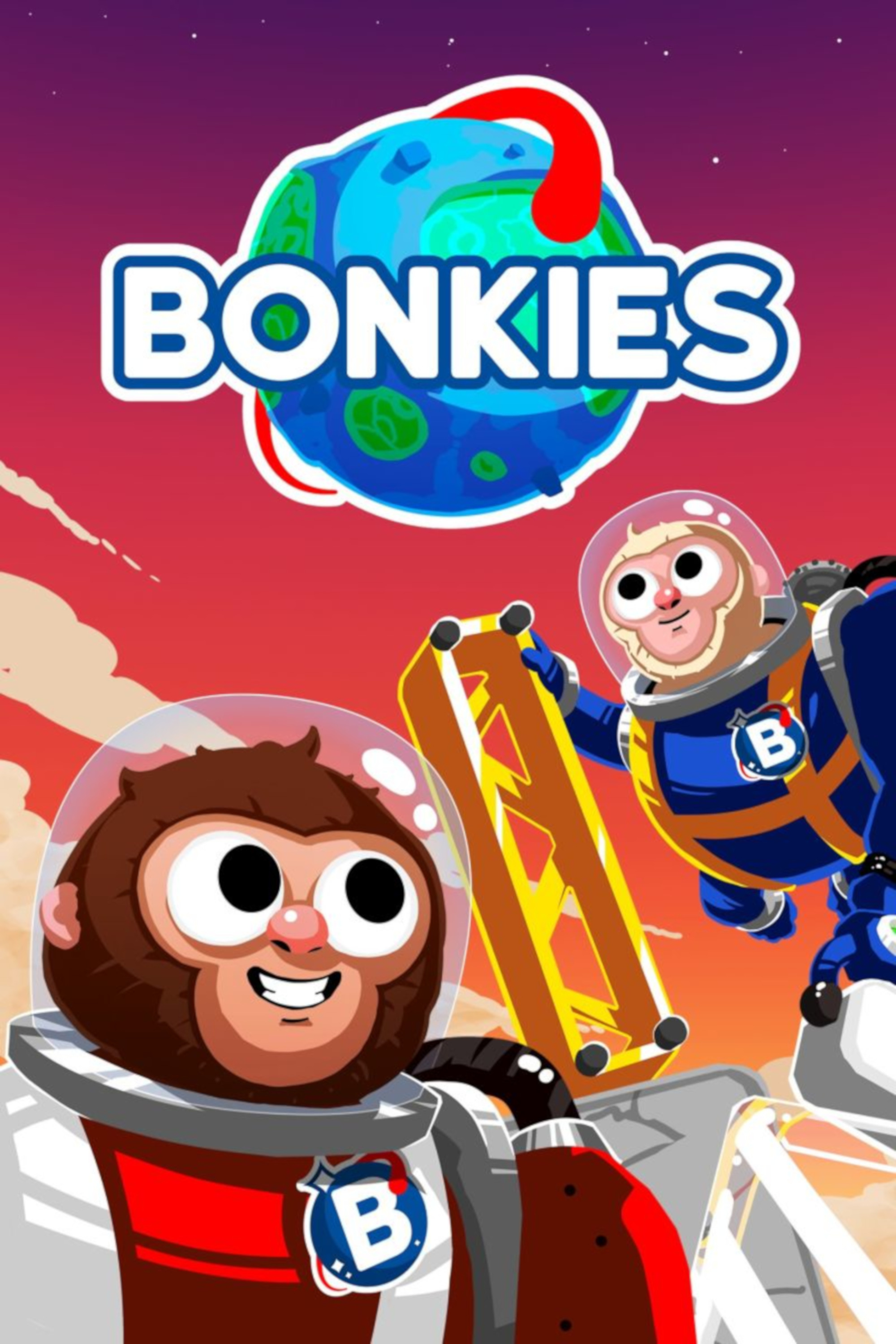 Illustrasjon. Plakat med teksten Bonkies øverst i bildet. Vi ser også to animerte figurer i romdrakt, som ser ut til å være i verdensrommet
