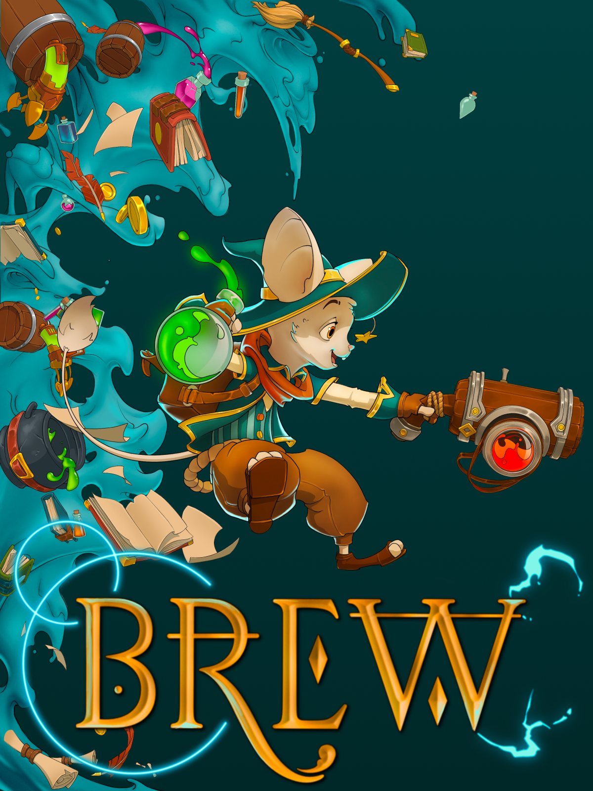 Illustrasjon. Plakat med teksten Brew nederst i bildet. En liten dyrefigur i trollmannshatt hopper fram med en stor kanon, omgitt av flyvende gjenstander og eliksirer.