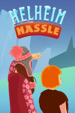 Illustrasjon. Plakat med teksten Helheim Hassle skrevet øverst i bidlet. Man ser i tillegg to personer bakfra som speider utover et landskap.