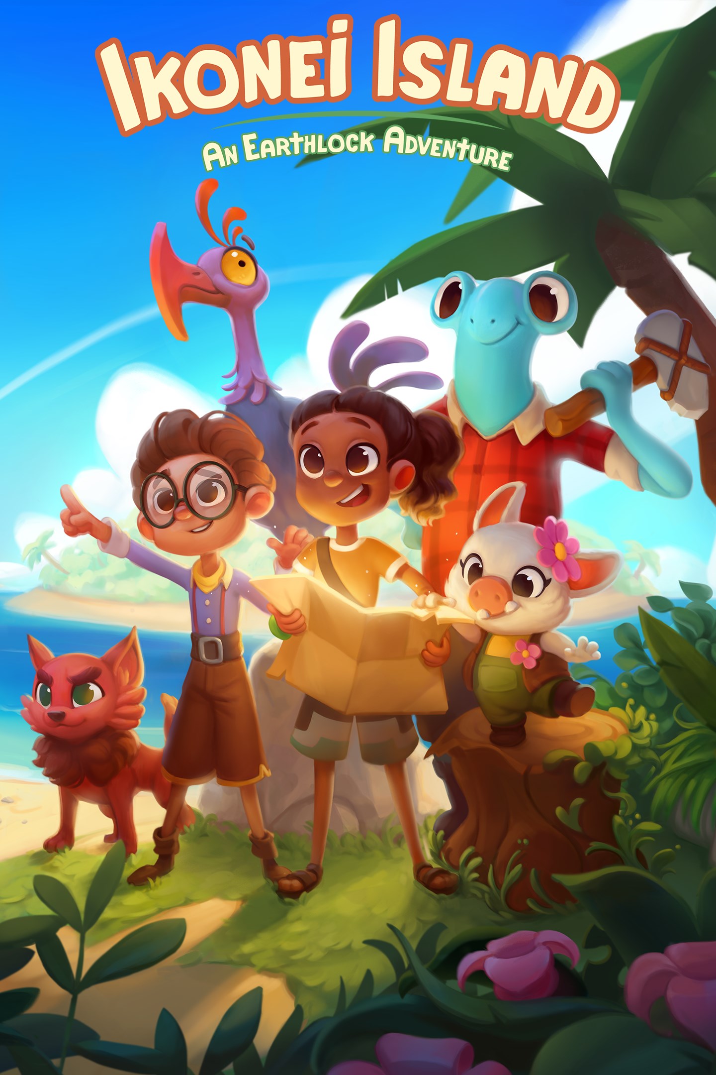 Illustrasjon. Animert plakat med to barn og flere dyr. PÅ plakaten står teksten Ikonei Island, an earthlock adventure
