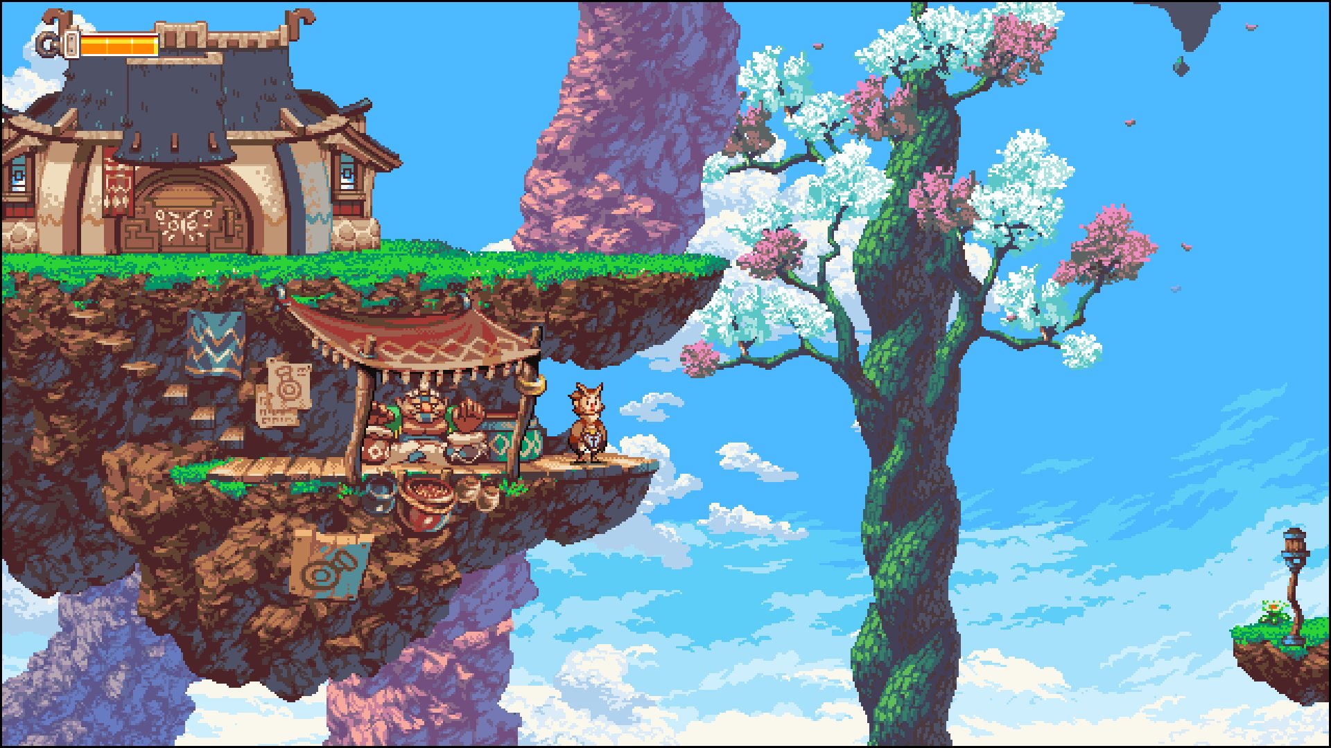 Illustrasjon. Skjermbilde fra spillet Owlboy. Pikselgrafikk av en svevende øy med et hus og en liten bod, med en figur som står på en plattform ved en stor blomstrende trestamme.