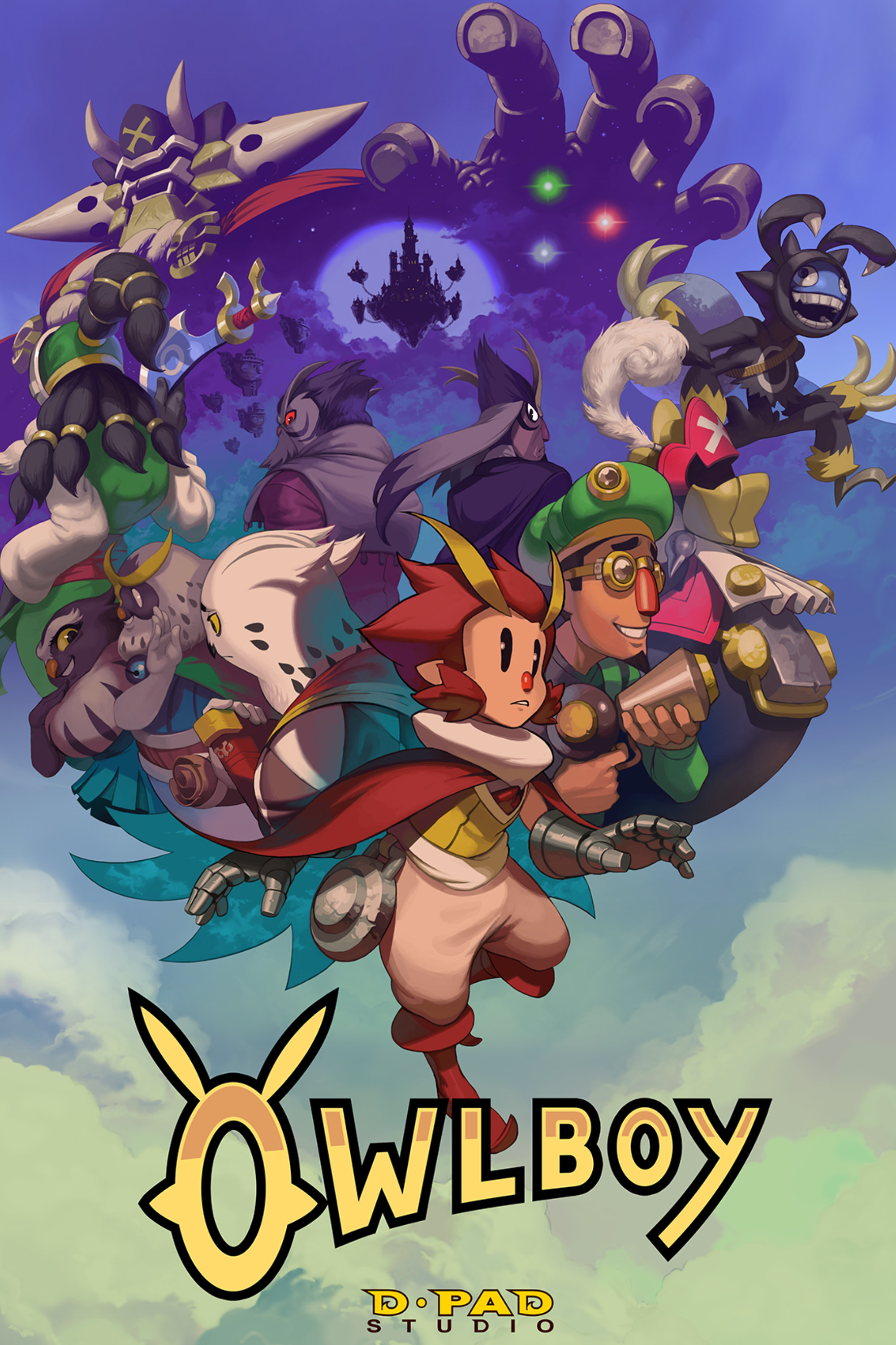 Illustrasjon. Plakat med teksten Owlboy nederst i bildet. Flere animerte figurer flyr gjennom skyene, og i bakgrunnen ser vi et slott som svever på himmelen.