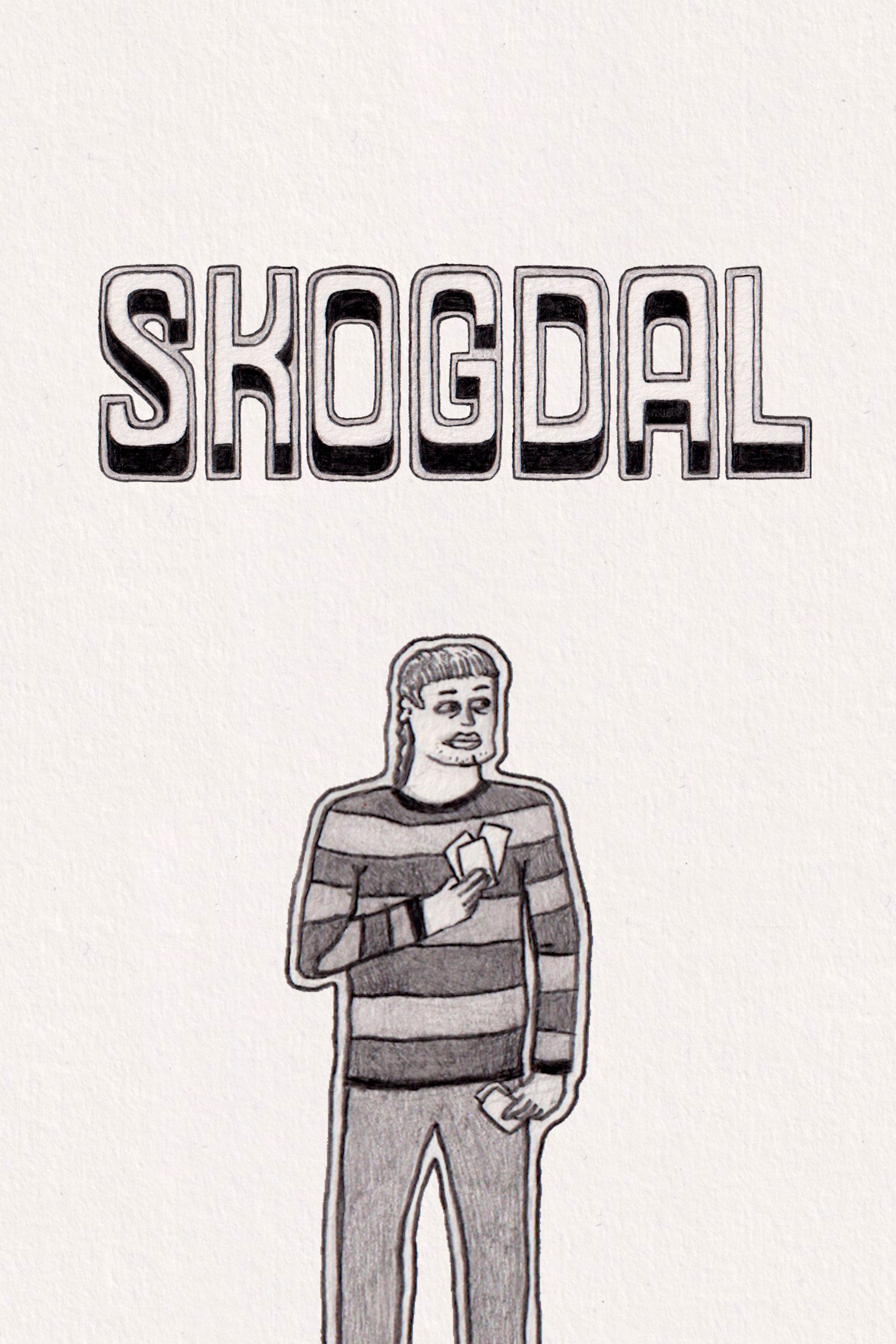 Illustrasjon. Plakat med teksten Skogdal øverst i bildet. En svart-hvitt-tegnet person i stripete genser står på hvit bakgrunn og holder kort i hendene.