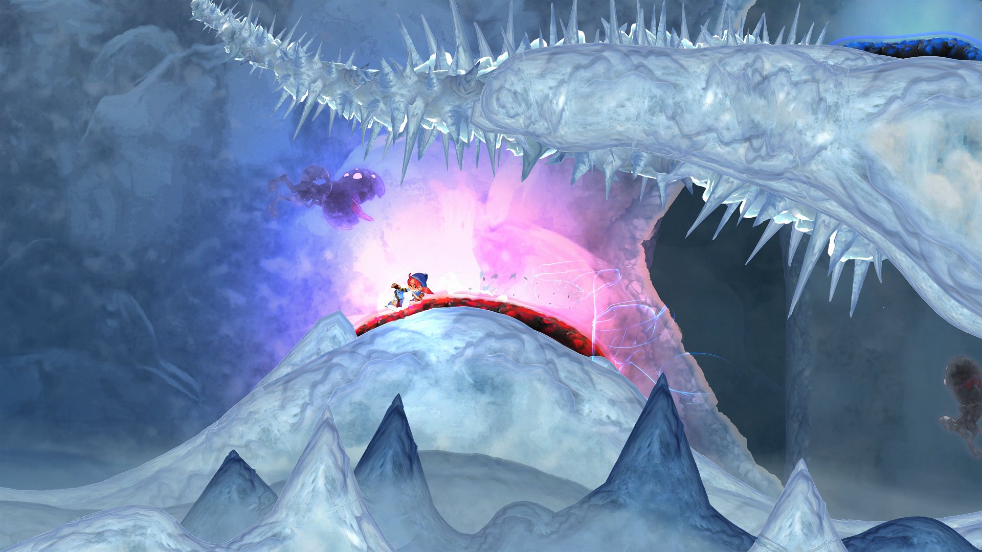Illustrasjon. Skjermbilde fra spillet Teslagrad 2. En figur står i en isgrotte mens et stort, taggete monsterhode åpner kjeften over henne.